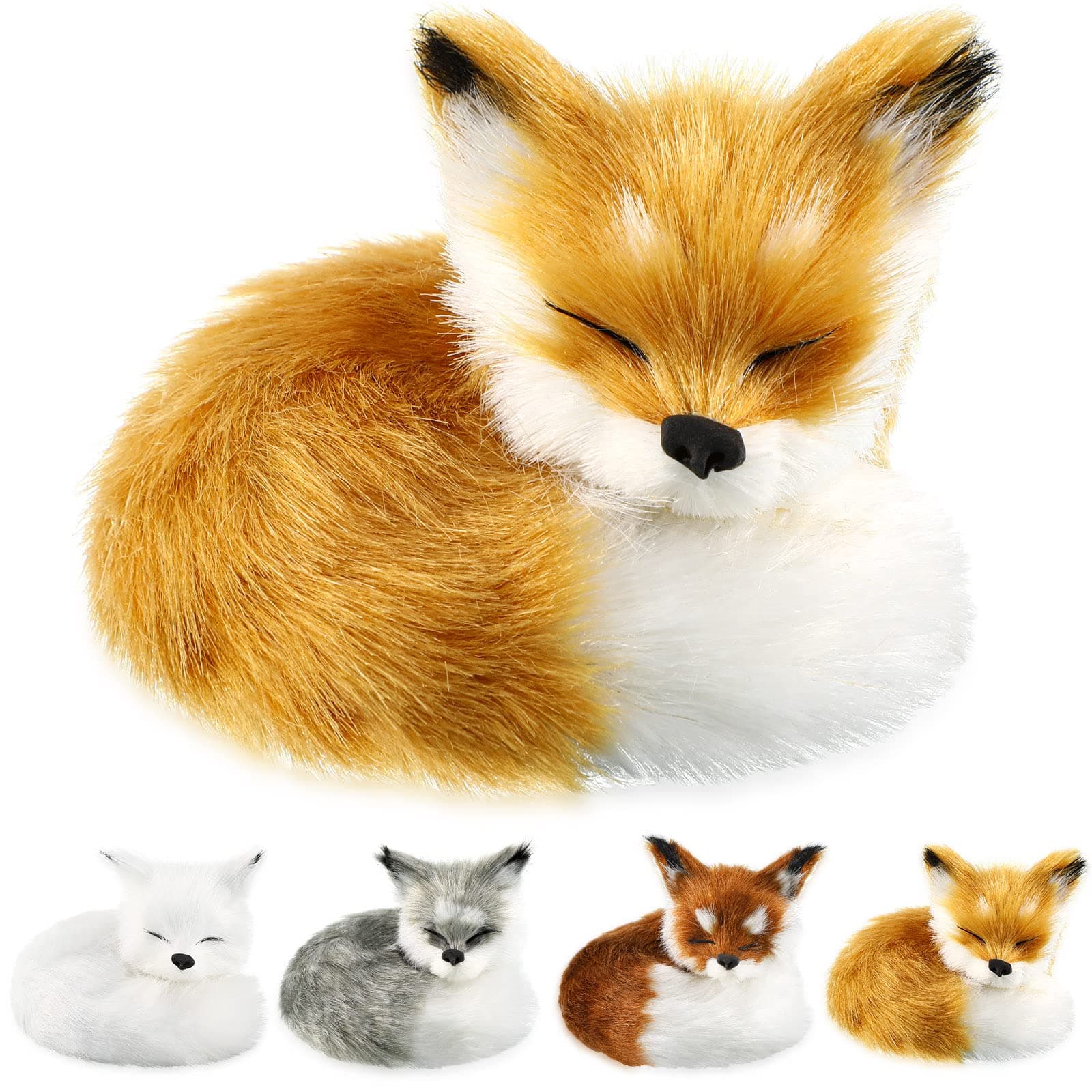 Sratte 4 Pcs Simulation Fox Stuffed Plush Action Figures Ornament Furry Fox Decorations Animals Mini Squint Sleeping Plush Static Figures Model for Home Birthday Graduation Favors