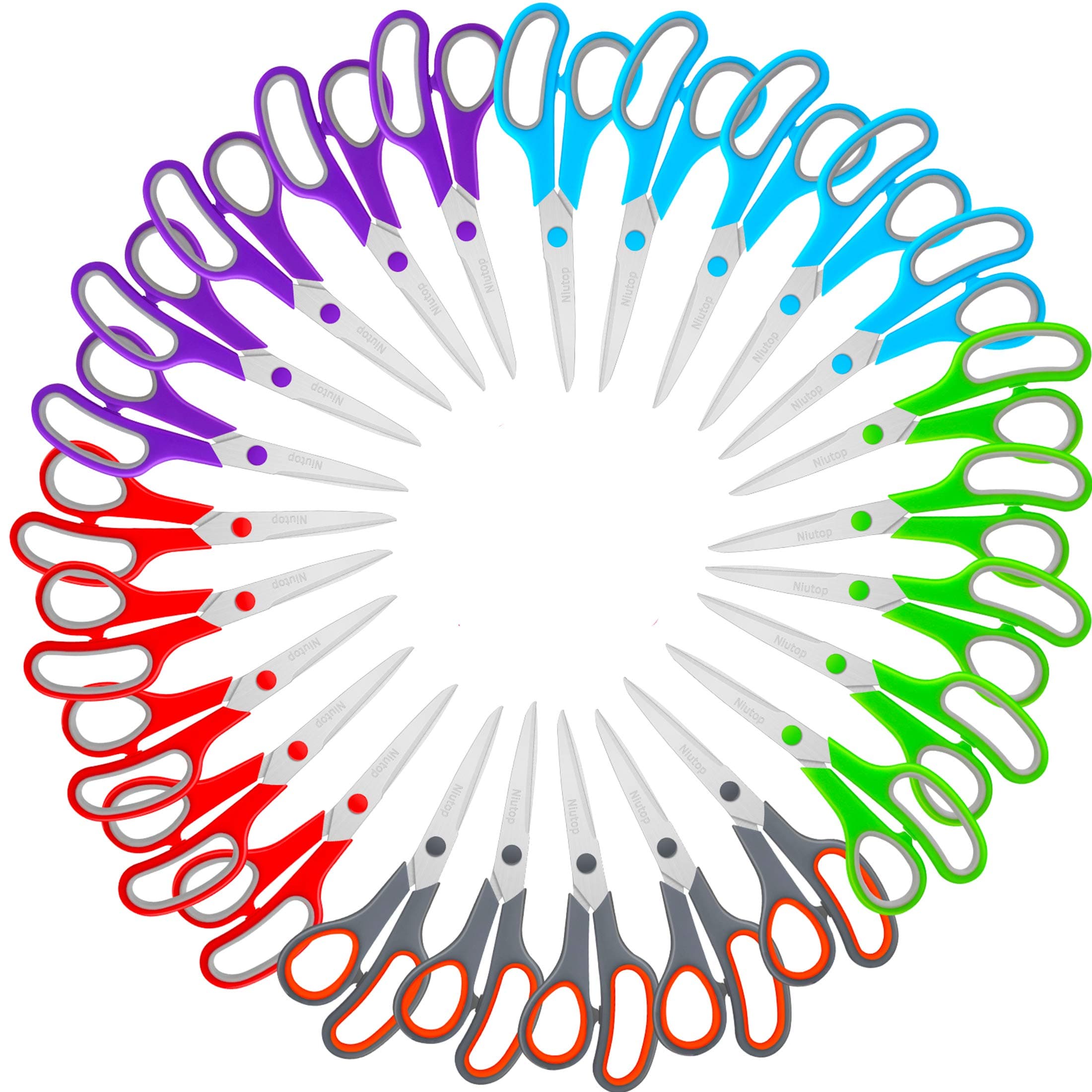 Niutop Scissors Bulk Set of 25-Pack, 8 Multipurpose Sharp Scissors for Office Home High/Middle School Student Teacher Scissor Supplies, Soft Comfort-Grip Right/Left Handles
