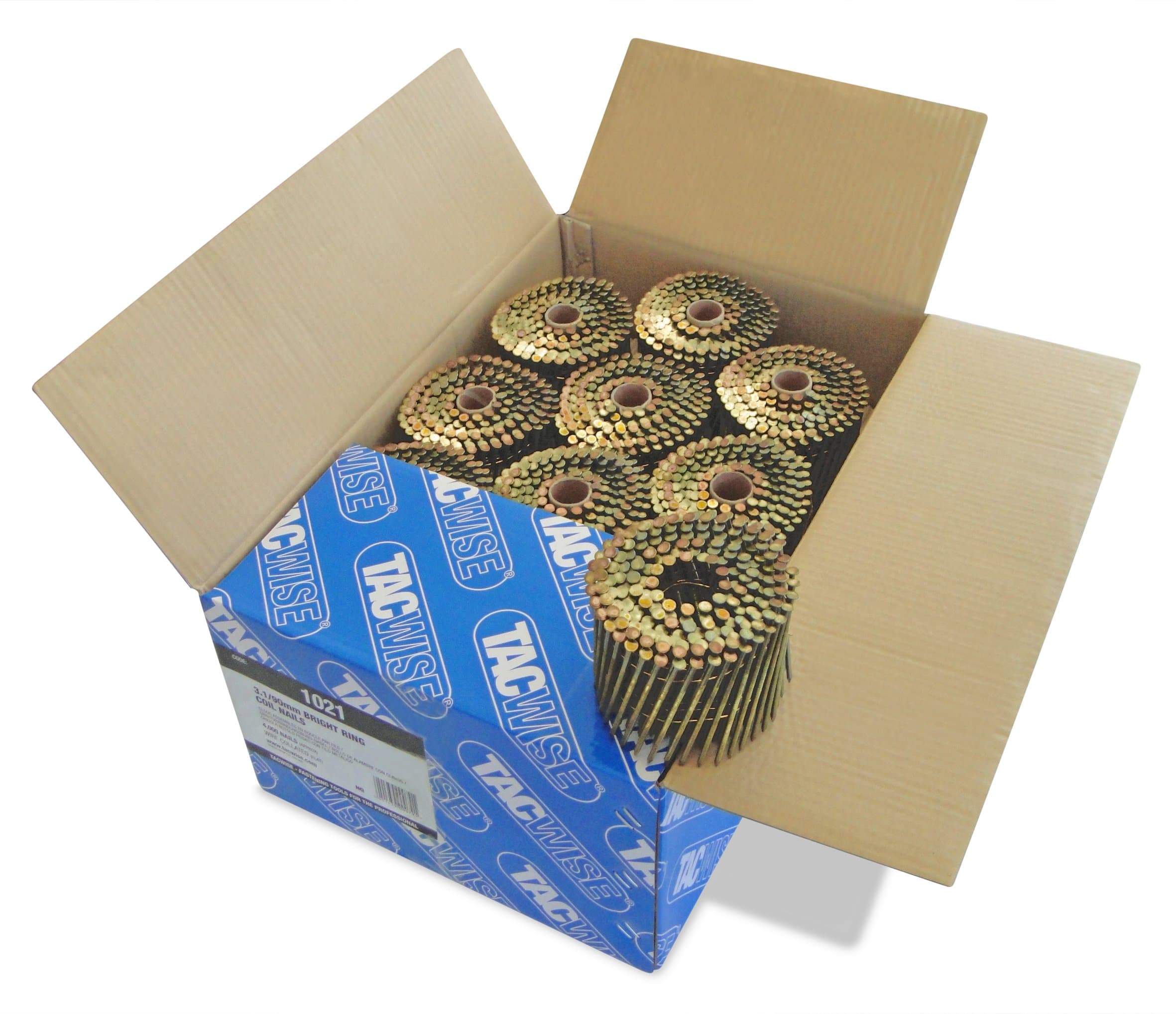 Tacwise 1021 Bright Flat Top Coil Nails Type 3.1 x 90 mm, Diamond Point, Ring Shank, 16° Inclined, Wire Collated, Pack of 4000