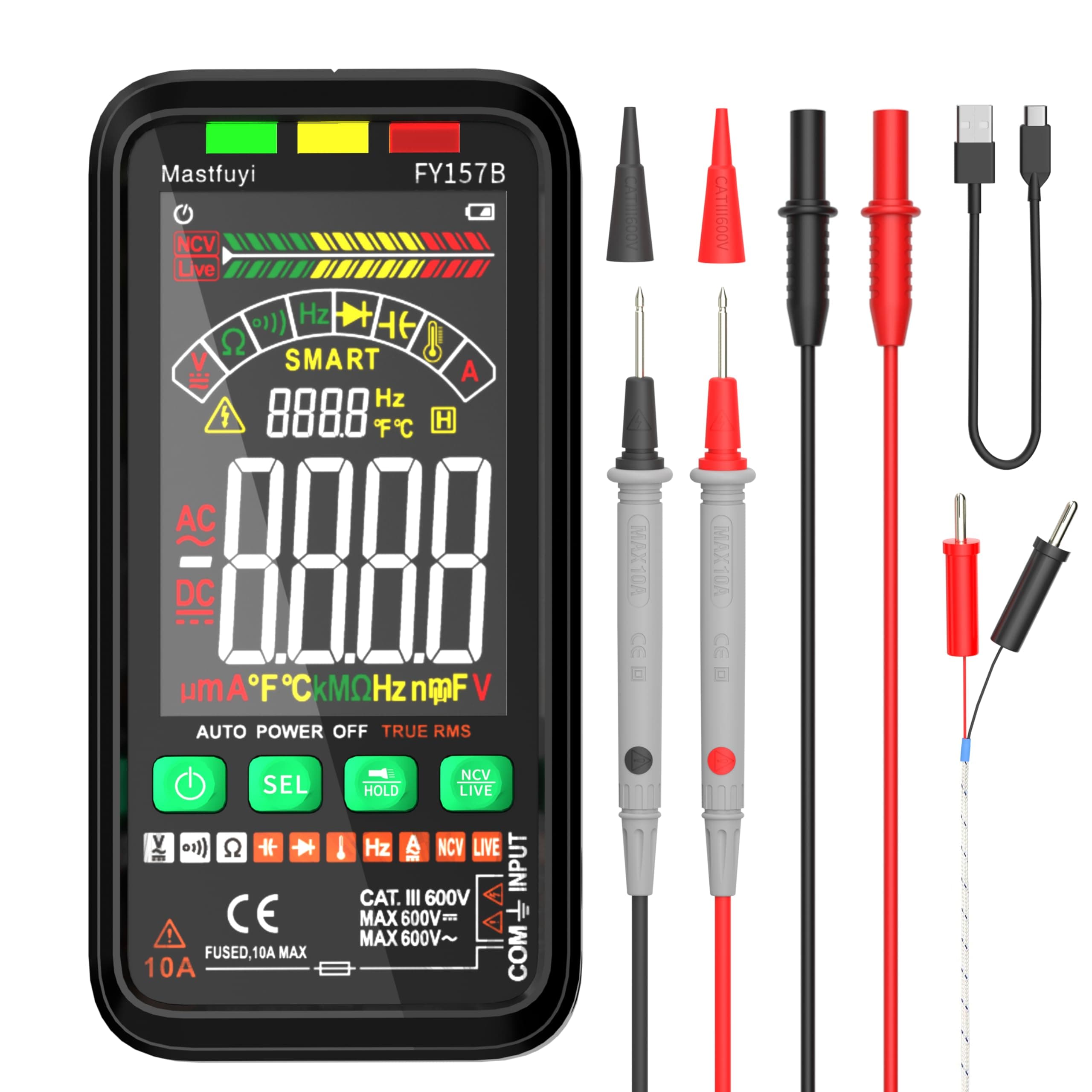 Multimeter Rechargeable Electrical Tester with Auto Ranging Digital Voltmeter,TRMS 6000 Counts,Measures Voltage Current Resistance Continuity Capacitance Temperature Frequency