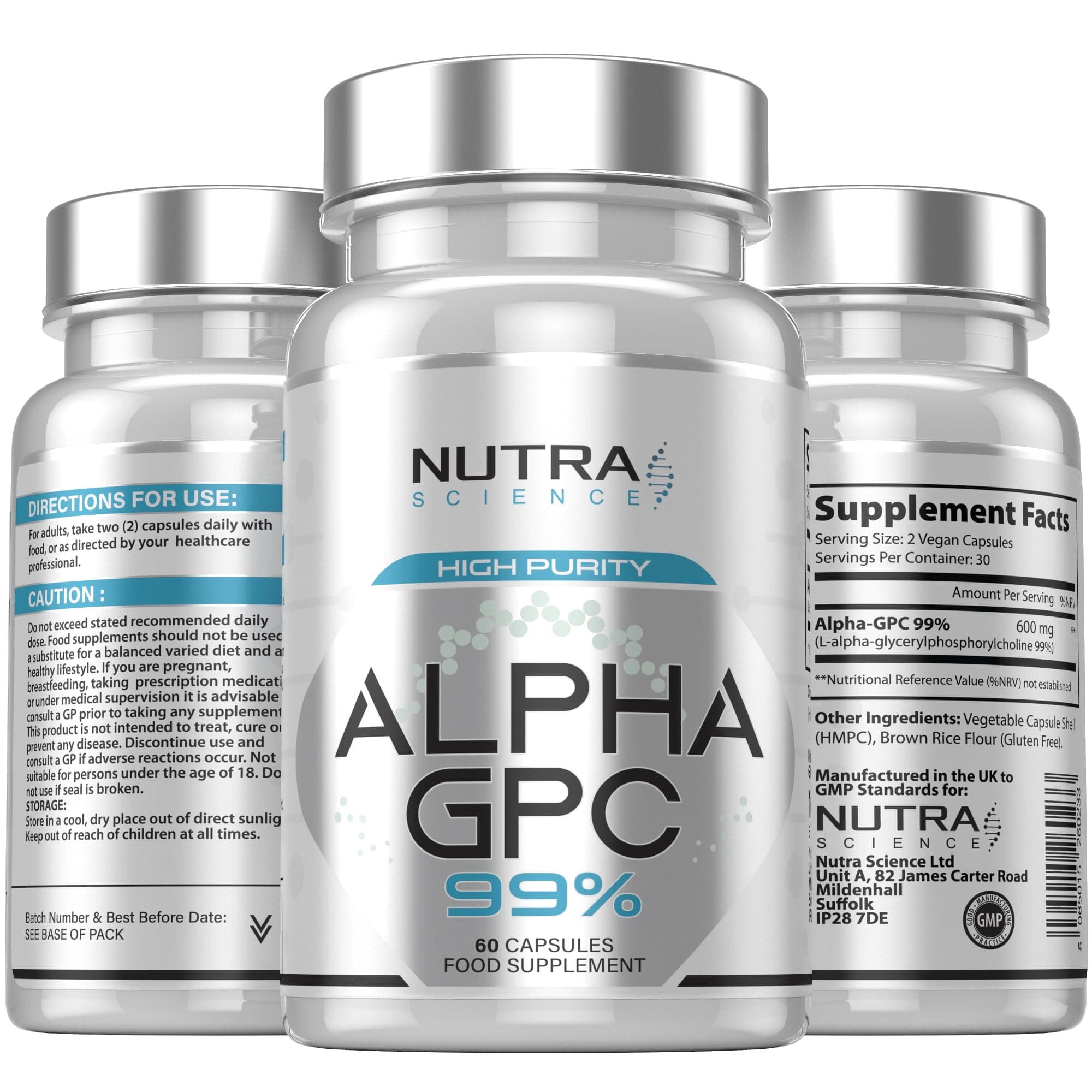 Alpha GPC 99% Concentration | High Purity Alpha GPC Nootropics Brain Support Supplement 600mg | 60 Vegan Capsules