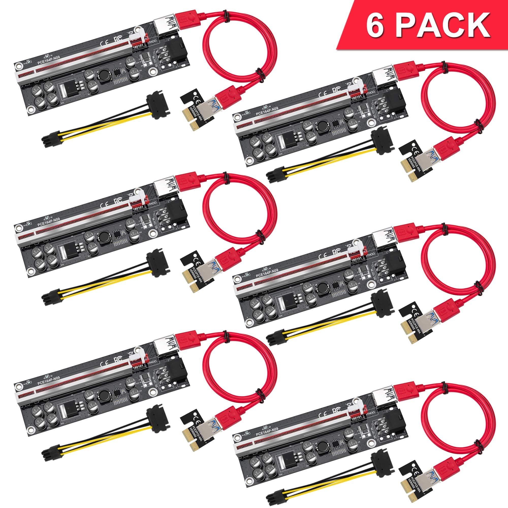 EXPLOMOS PCIE Riser 1X to 16X Graphics Extension for GPU Mining Powered Riser Adapter Card, 60cm USB 3.0 Cable, 8 Solid Capacitors, 6PIN Power Option (VER 009S Plus, 6-Pack)