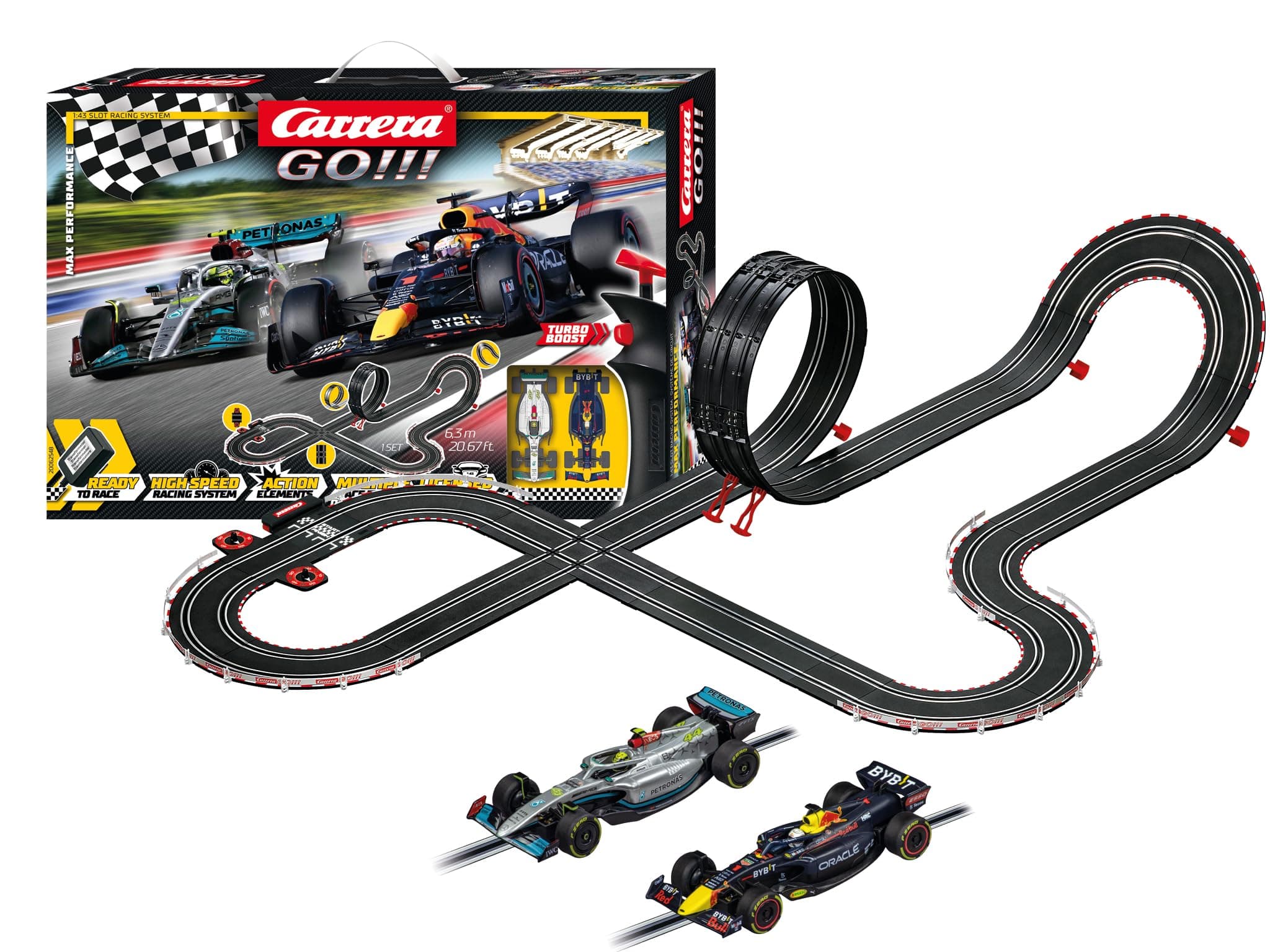 Carrera Go!!! Max Performance | Formula 1 Race Track Set | Max Verstappen vs Louis Hamilton | 2 Slot Cars Including 2 Hand Regulators with Turbo Button | Includes Looping, Crossing, Fly-Over and Lap