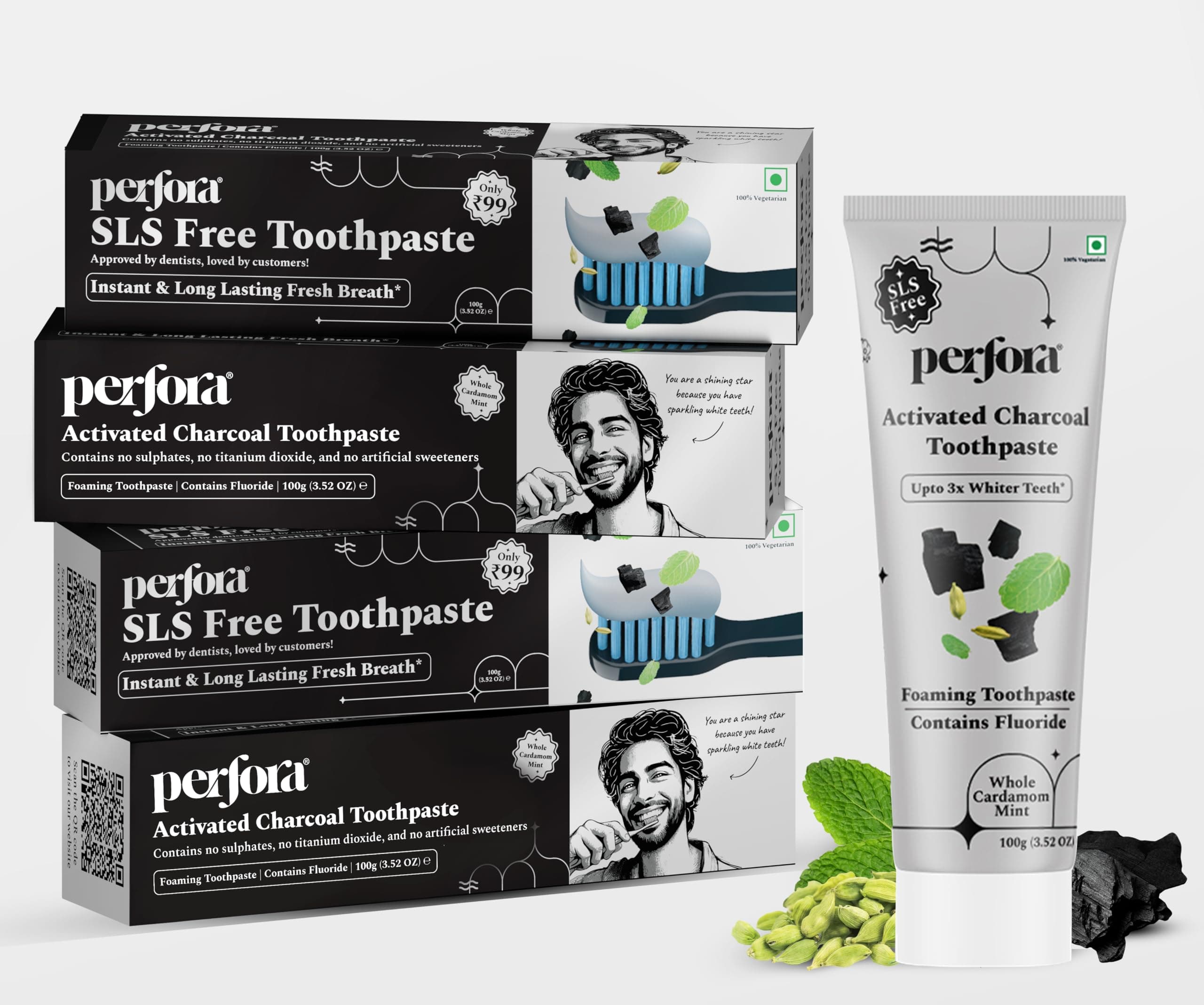Activated Charcoal Toothpaste - 100g x 4 | SLS & Titanium Dioxide Free | Bamboo Charcoal For 3x Whiter Teeth | Enamel Safe Teeth Whitening Toothpaste for Men & Women | Cardamom Mint