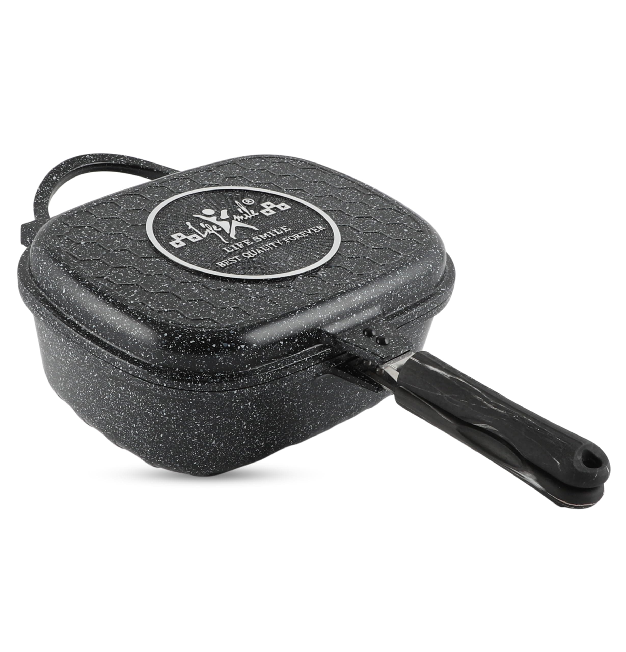 LIFE SMILE 30 CM Smart Deep Double Grill Pan - Multi Layer Granite Non-Stick Coating With Magnetic Handle - Flipping Deep Grill Frying Pan | Multiple Hob Compatibility (Black)