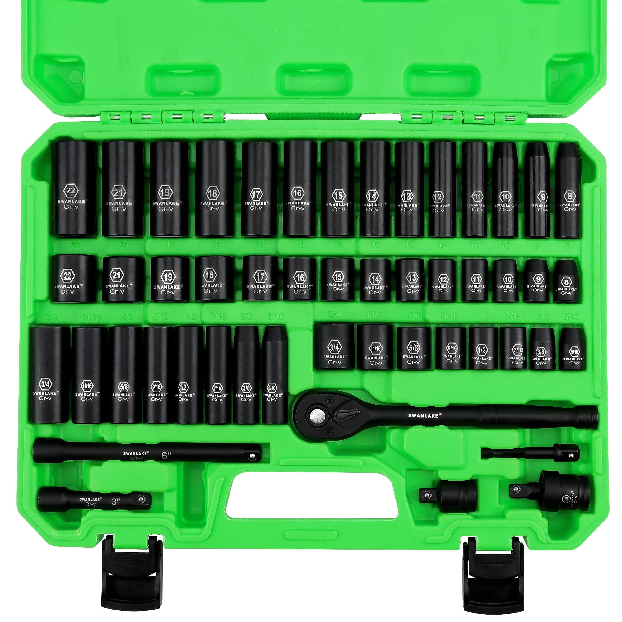 SWANLAKE GARDEN TOOLS 3/8" Drive Impact Socket Set, 50-Piece Standard SAE (5/16 to 3/4 inch) and Metric (8-22mm) Size, 6 Point, Cr-V, 3/8-Inch Ratchet Handle, Extension Bar, Universal Joint