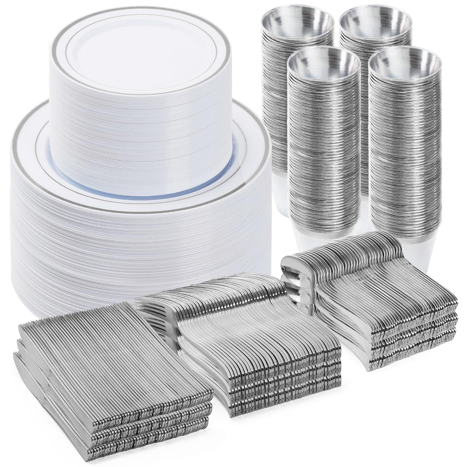 BESTVIP 600PCS Silver Dinnerware Set for 100 Guests, Plastic Plates for Party, 100 Silver Disposable Plates, 100 Dessert Plates, 100 Cups, 100 Spoons, 100 Forks and 100 Knives