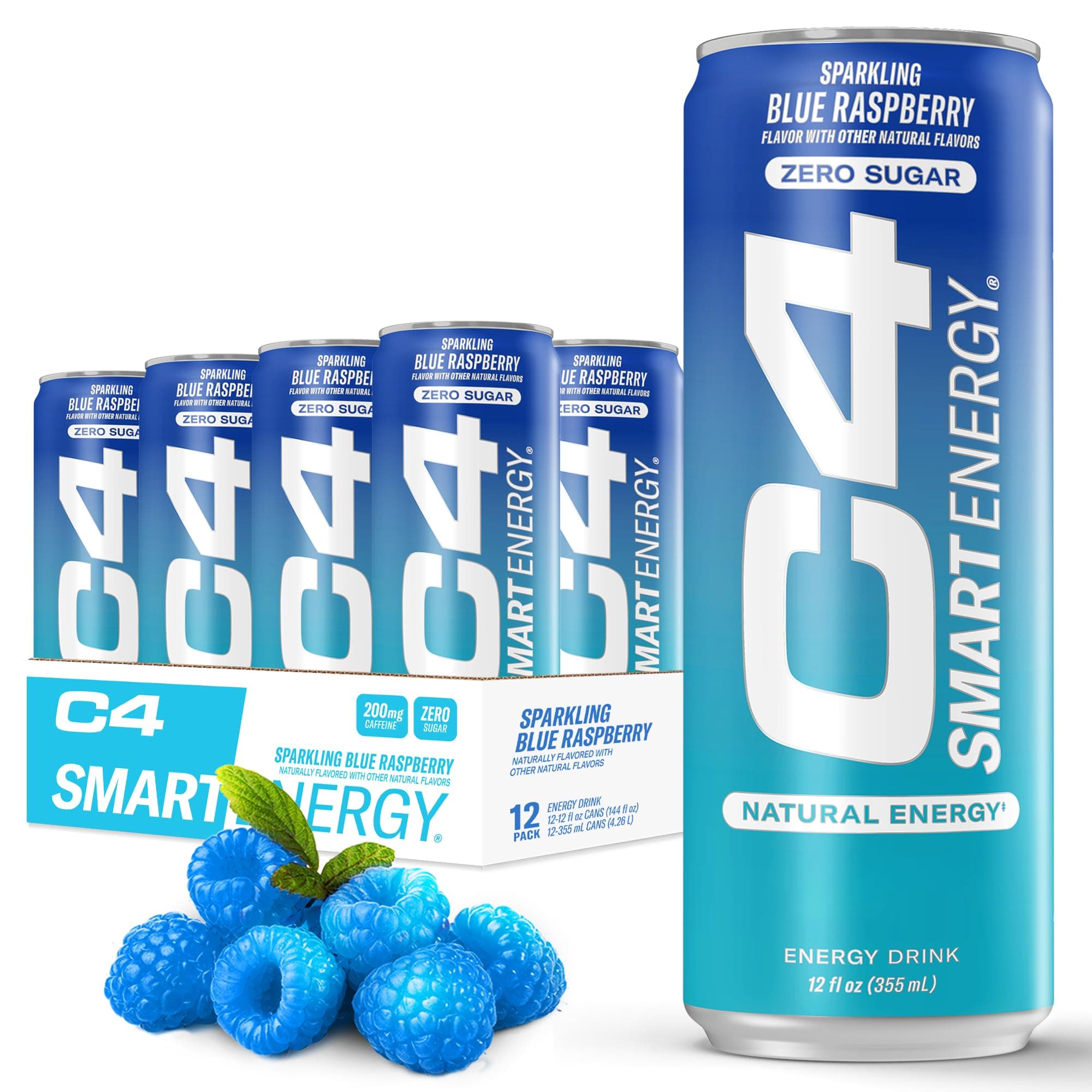 C4 Smart Energy Drink – Boost Focus and Energy with Zero Sugar, Natural Energy, and Nootropics - 200mg Caffeine - Blue Raspberry (12oz Pack of 12)