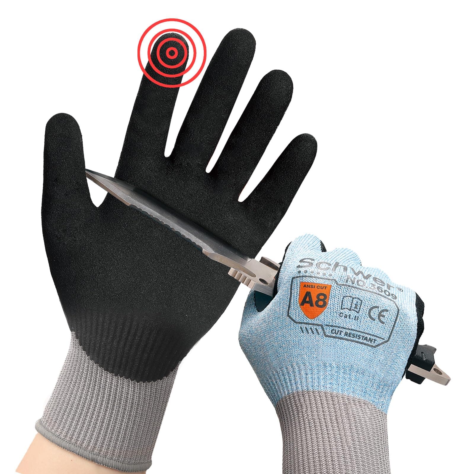 Schwer ANSI A8 Cut Resistant Gloves, Touchscreen, Cutting Gloves with Sandy Nitrile Coated Firm Grip, for Warehouse, Handle Glass, Carving, Gardening, Construction, Fishing, Wood Work(Blue,L)