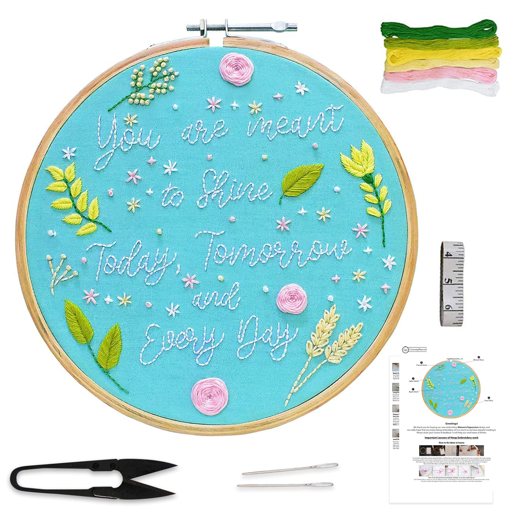 Embroiderymaterial Kit Basic And Modern Design Hoop Art Kit For Beginners Pictures & Written Tutorial Printed Papers All Materials Included-Muticolor, Multicolor