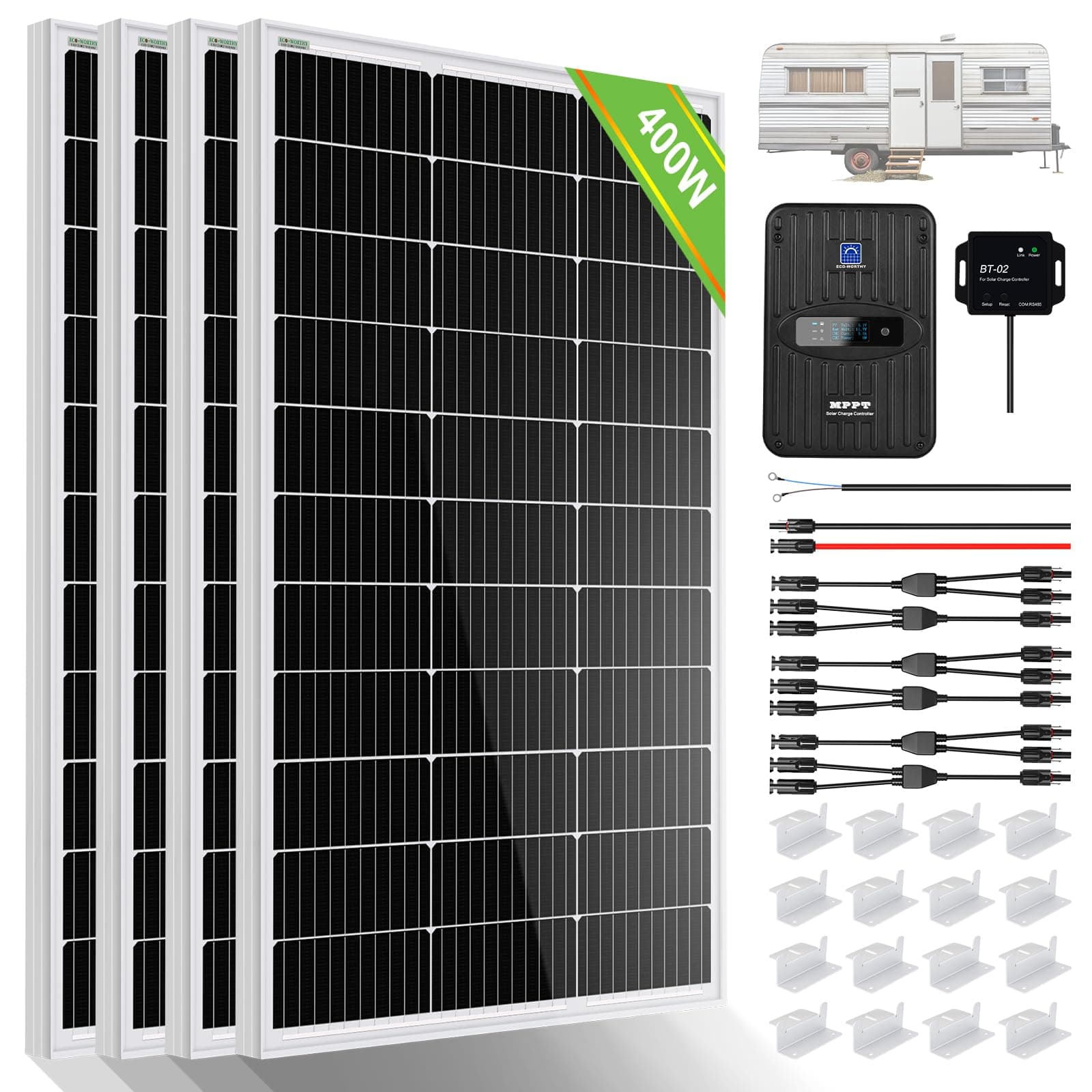 ECO-WORTHY 400 Watt 12 Volt Premium Solar Panel Kit :4pcs 100W Solar Panel+ 40A MPPT Charge Controller+ Bluetooth Module+ Mounting Z Brackets, 400W 12V Solar Power Off Grid System for Home, RV, Boat.