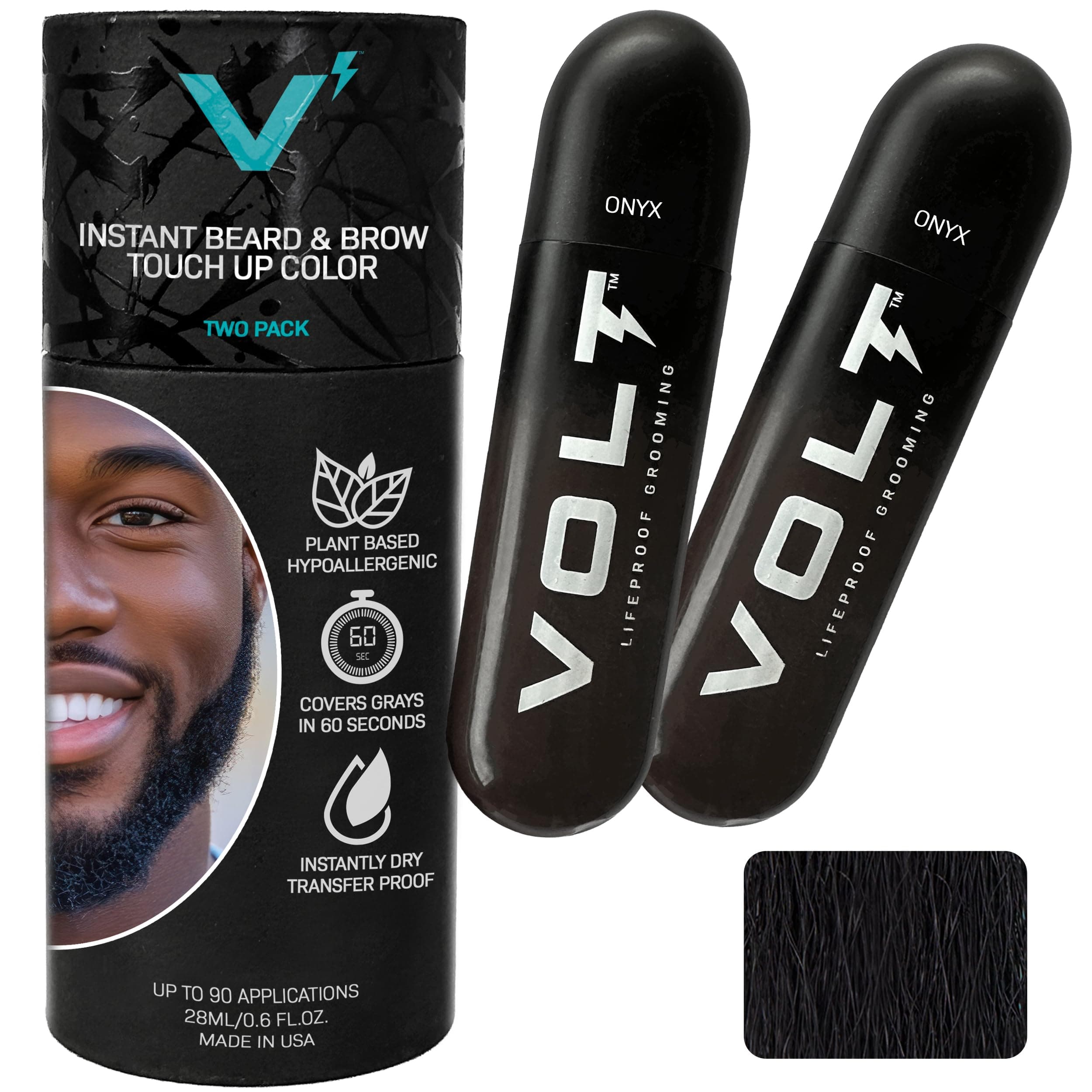 Grooming Temporary Instant Beard Color for Men, Quick Drying Plant-Based Brush On Beard, Hair, Mustache & Eyebrow Color, Safe for Sensitive Skin, Onyx Black, 2-Pack Refill, 90+ Applications