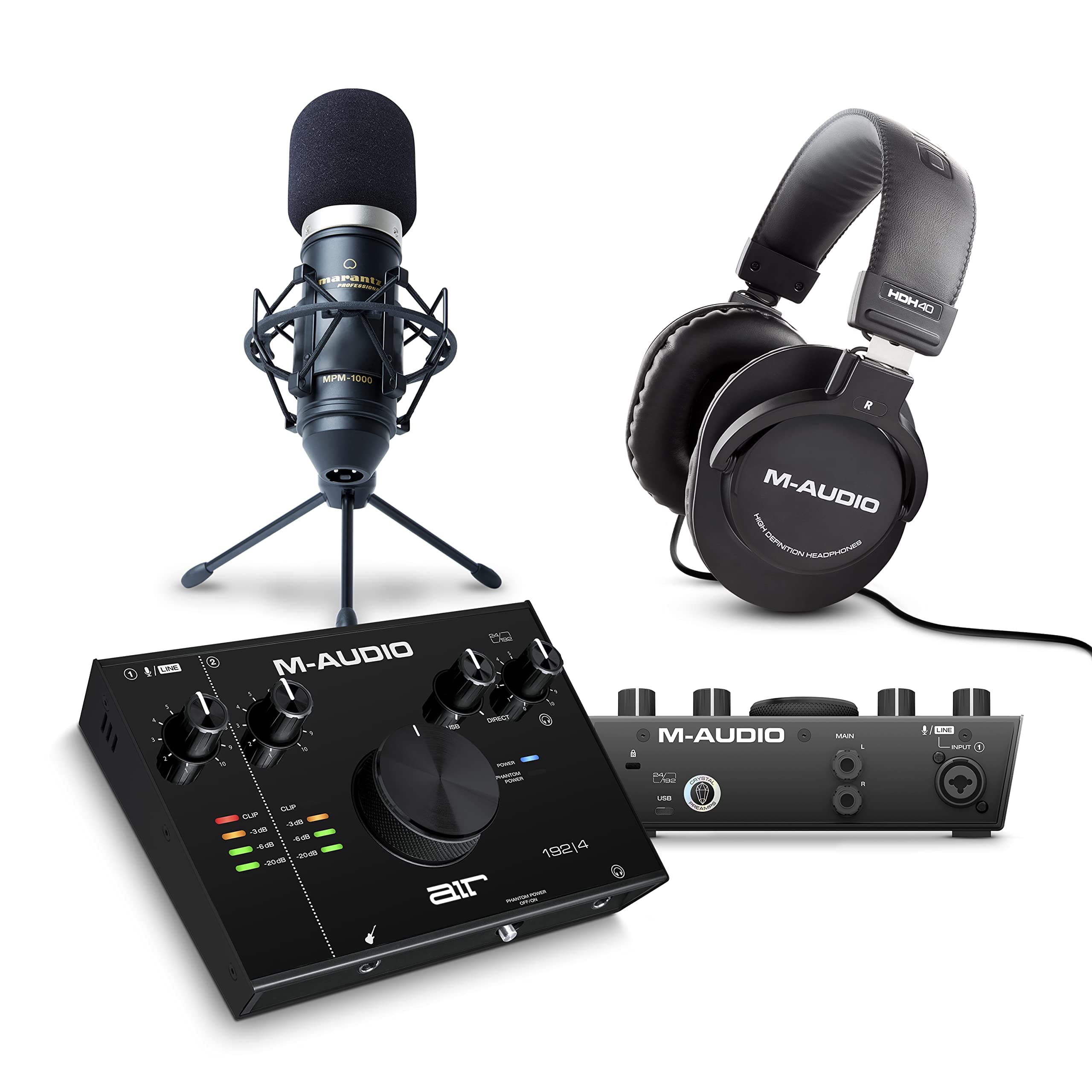 M-AudioStudio Equipment Bundle - AIR 192x4 USB C Audio Interface, XLR Condenser Microphone and Over Ear Headphones for Recording and Gaming