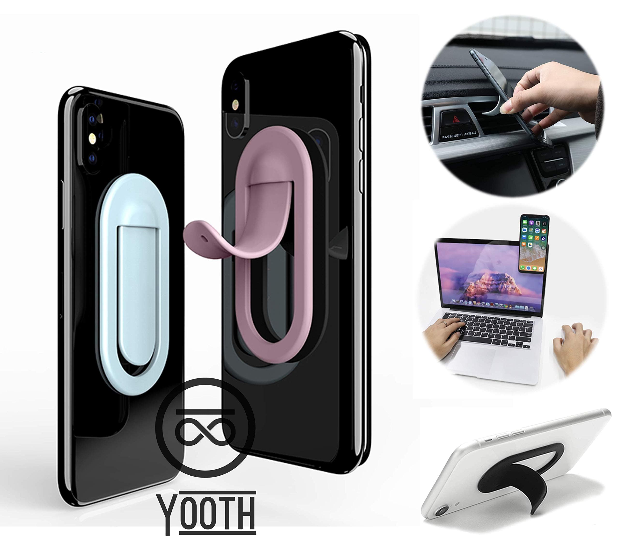 Yooth Compatible Bracket Collapsible Pop Up Car Air Vent Cell Phone Holder, Additional Finger Grip and Kickstand (Black Matte)
