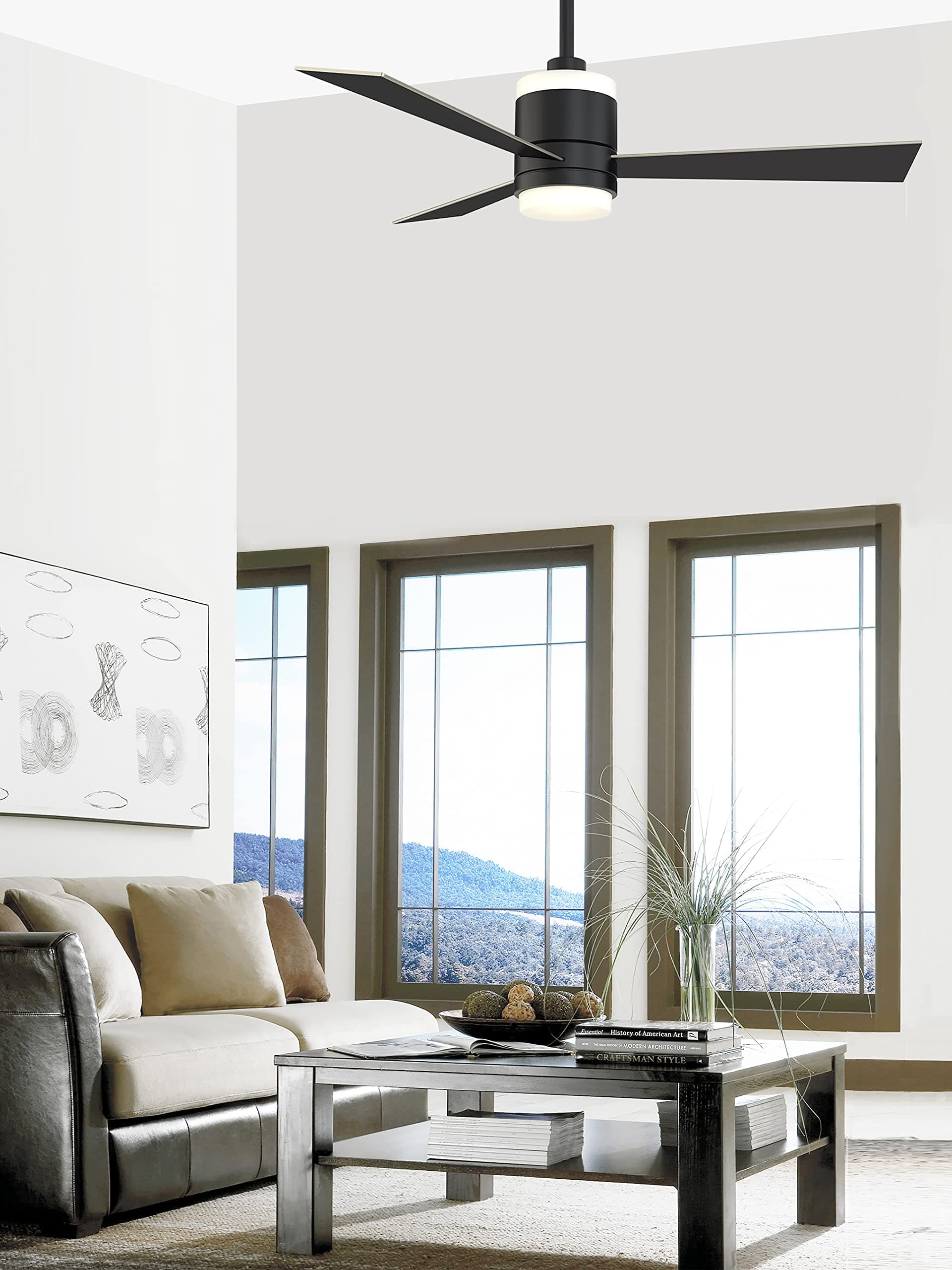 Studio Collection LP8577LBL Upright Ceiling Fan with LED Light Kit, 52 Inch, Black with Black/Silver Reversible Blades