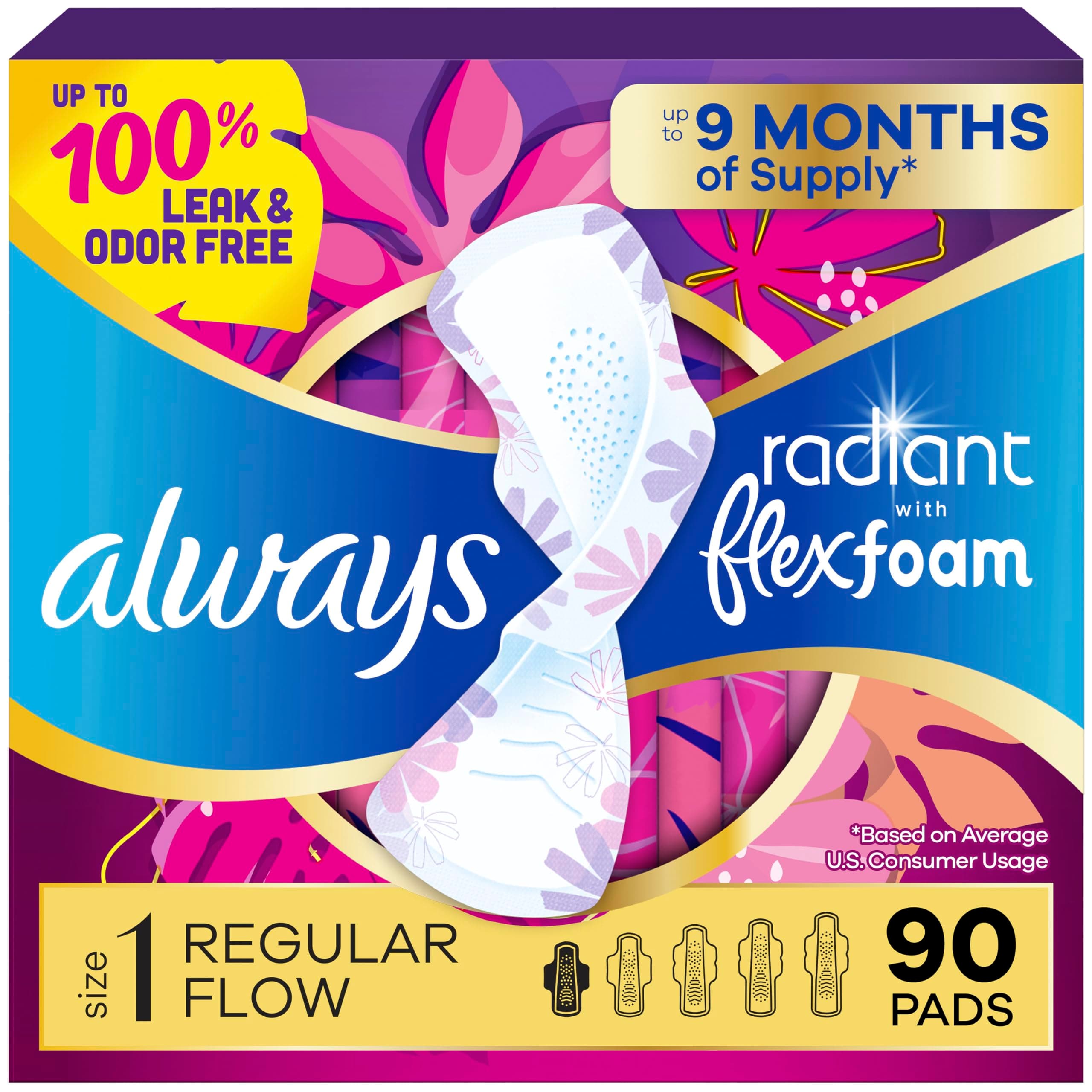 Always Radiant Regular Pads with Wings, Scented, 30 Count (Pack of 3)