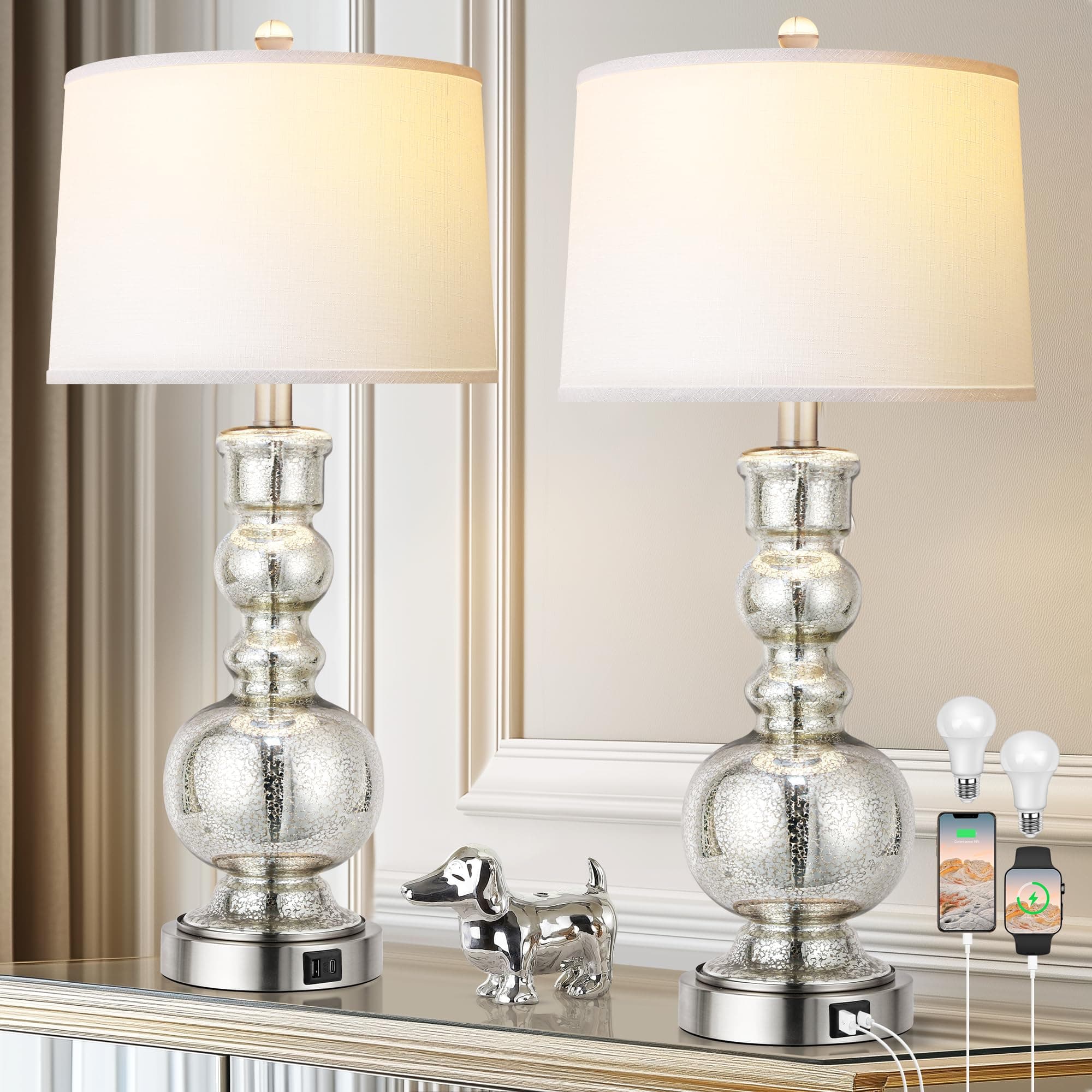 Hamucd 3-Way Dimmable Touch Control Clear Grey Glass Table Lamps Set of 2 with USB A+C for Modern Comtemporary Bedroom Nightstand Living Room Decor(Bulbs Included) (Mercury Silver)