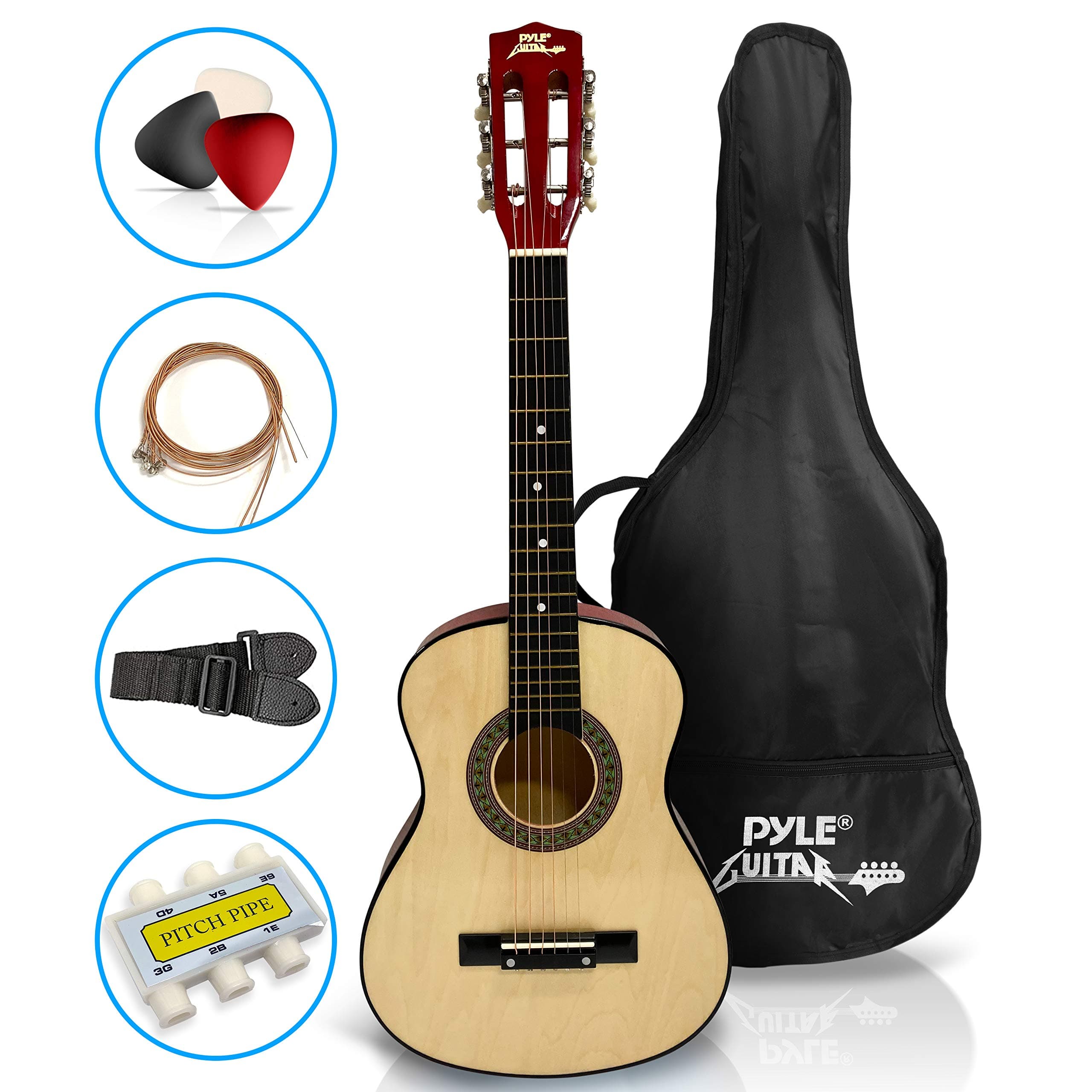 - 30-Inch Beginner Acoustic Guitar Kit, 6-String Classical Style Travel Guitar for Kids and Adults - Includes String Set, Strap, Picks, Pitch Pipe, Storage Gig Bag - Hand Crafted Basswood