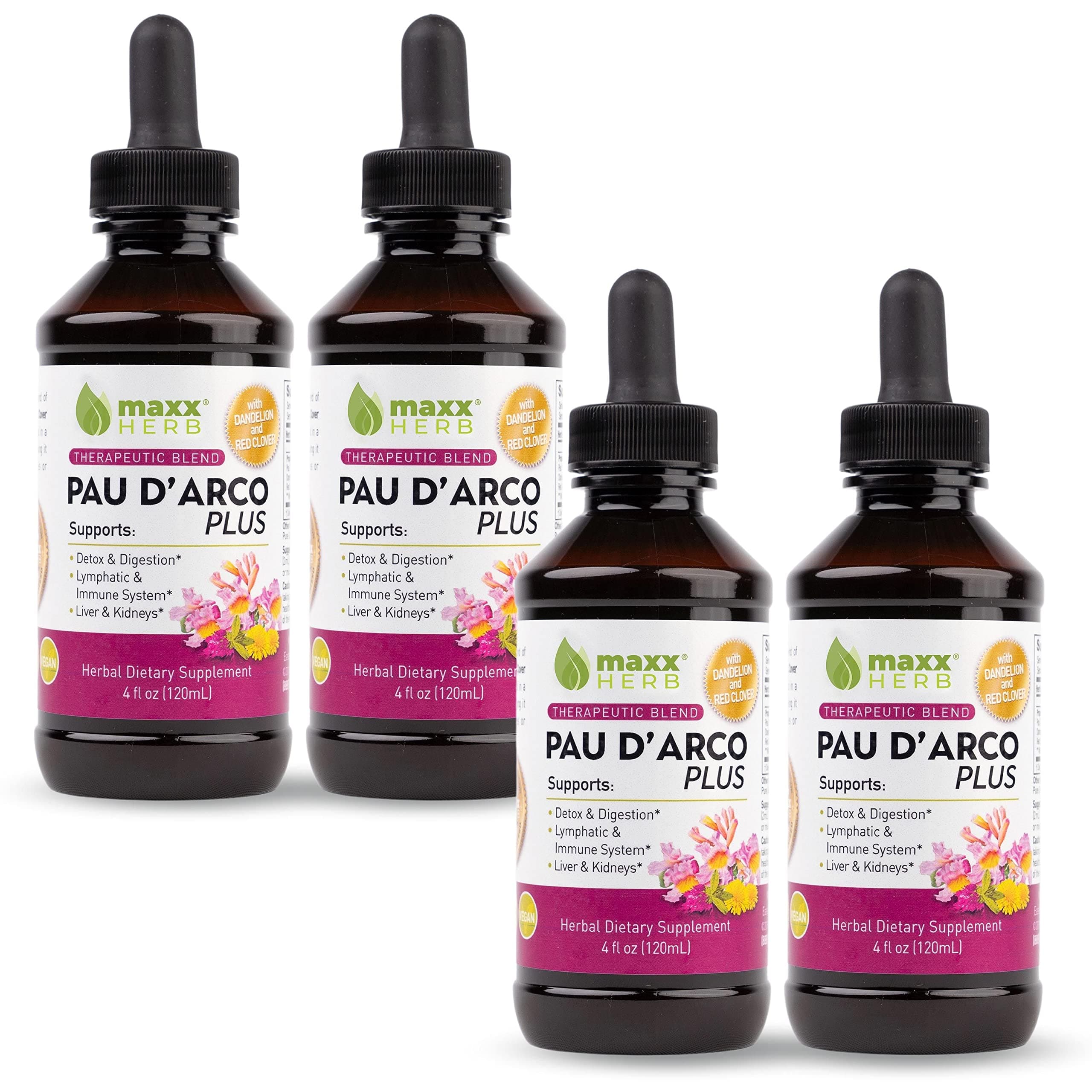 Maxx Herb PAU D’Arco Extract with Dandelion Root & Red Clover Therapeutic Blend, PAU Darco Tincture Absorbs Better Than Taheebo Tea or Capsules, for Immune Support, 4 Bottles (240 Servings)