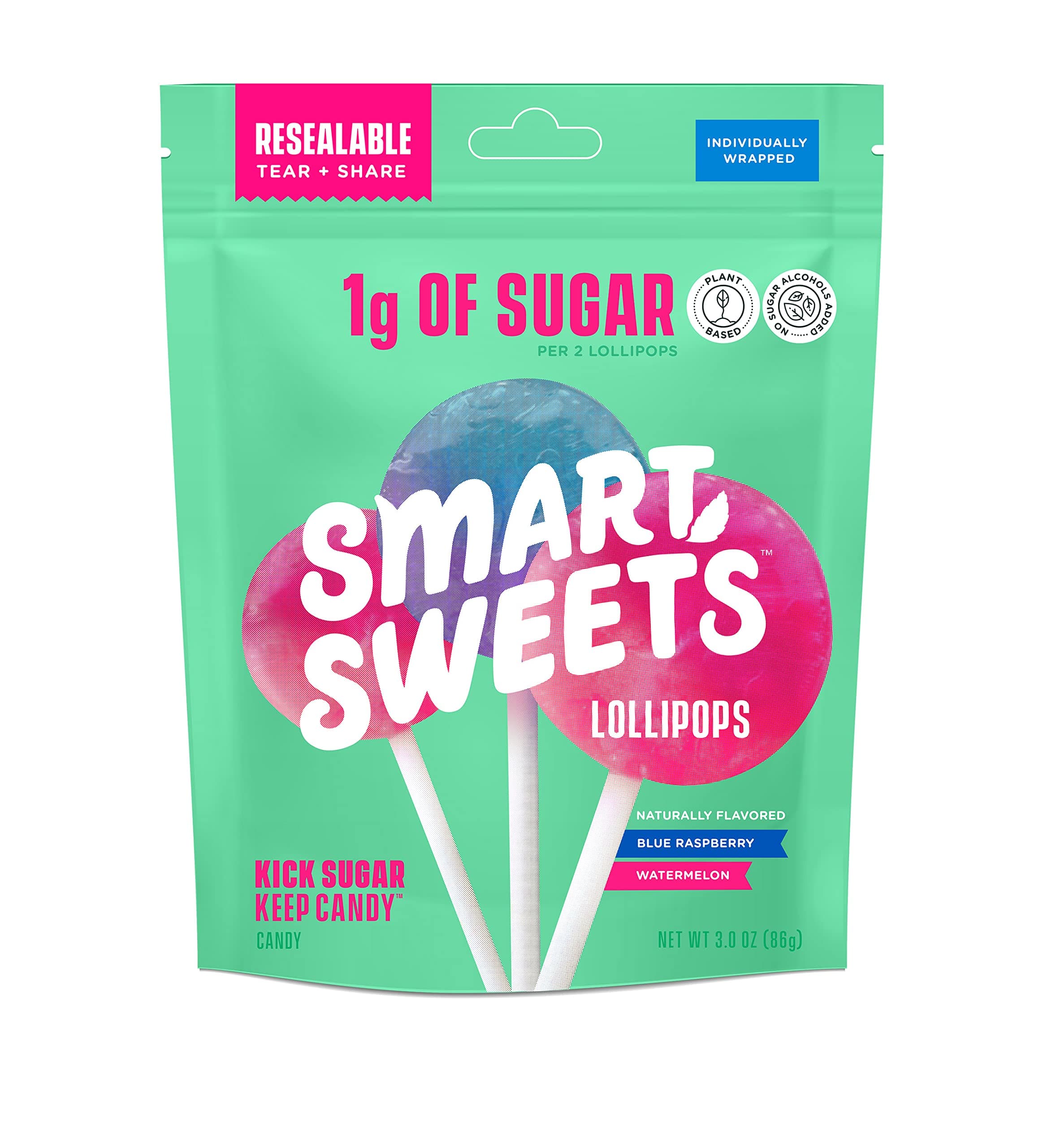 Smart Sweets, Blue Raspberry Watermelon Lollipops Multipack, 3 Ounce