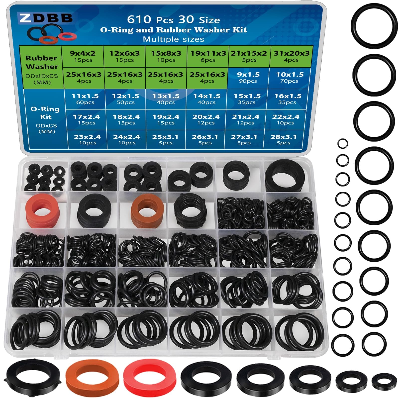 610 PCS 20 Size O Ring Kit+10 Size Rubber Washers Assortment Kit