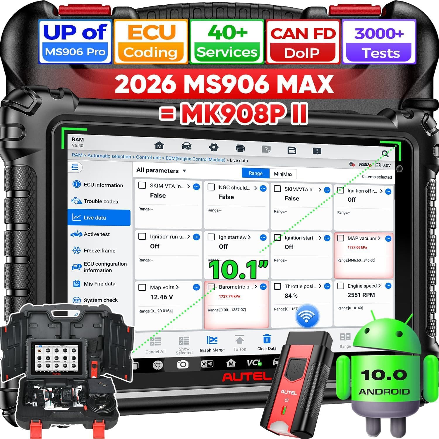 2026 Autel Scanner MaxiSys MS906 MAX, 10.1" MS906MAX 2.0 Up of MS906 PRO MP900BT MS908S MK908, OE Bidirectional Diagnostic Scan Tool, CAN FD DoIP, 3000+ Active Tests, 40+ Reset, All Sys, Auto Scan 2.0
