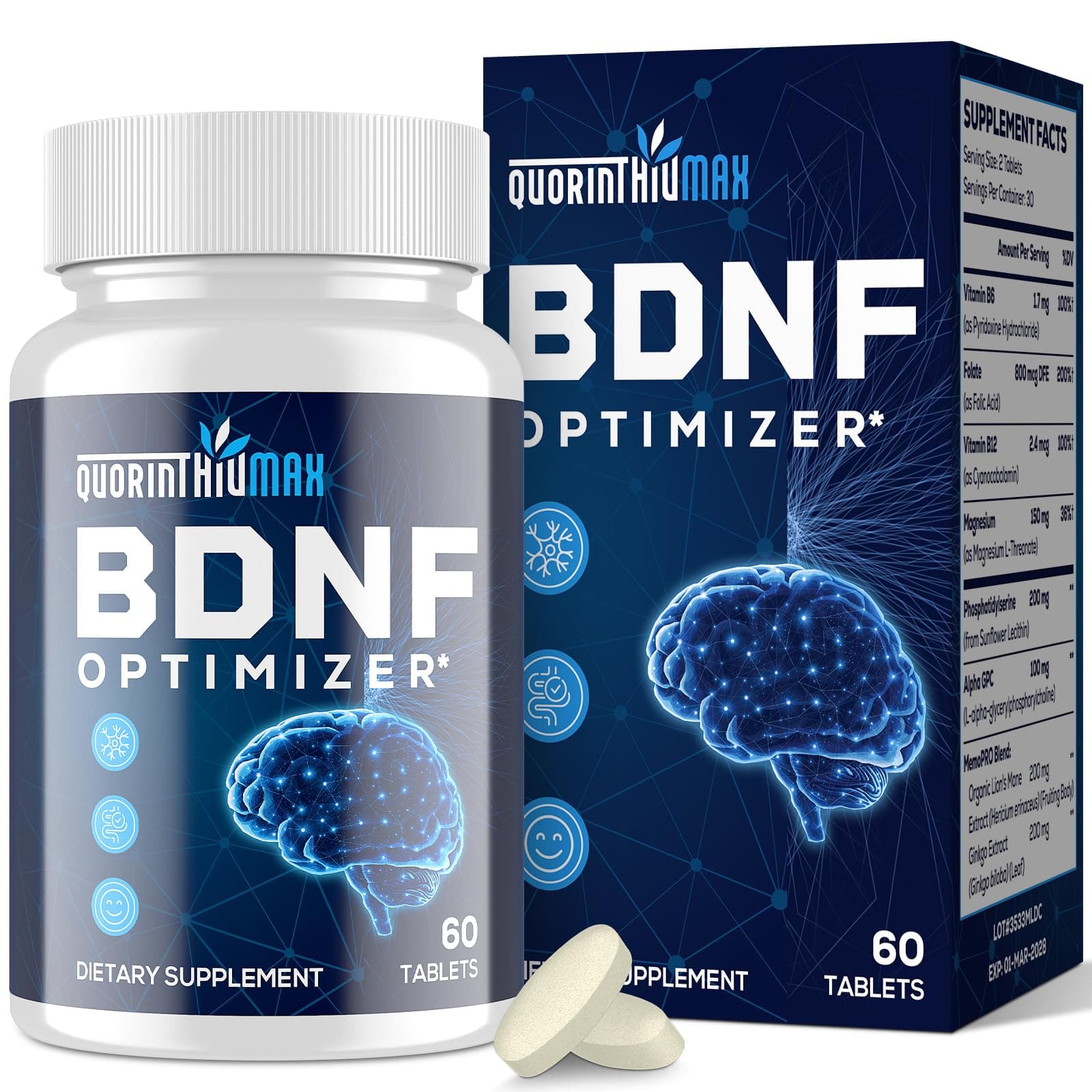 Nootropic Brain Supplement for Memory and Focus – BDNF Optimizer – Cognitive, Mental Clarity & Mood – High Absorption – Organic Lion's Mane, L-Theanine, Ginkgo Biloba & Alpha GPC – 60 Tablets