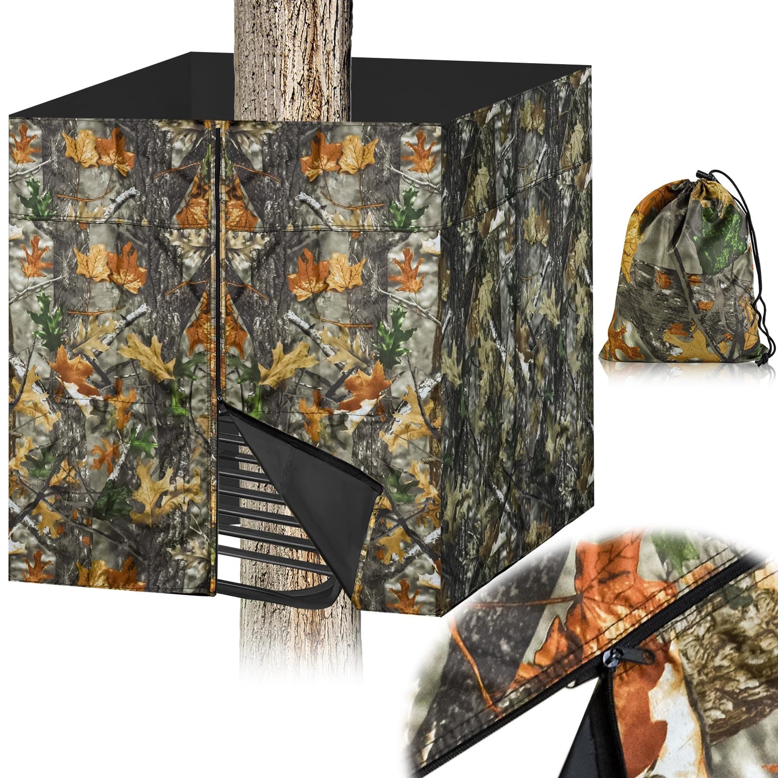 Four-sided Hunting Tree Stand Blinds Kit, 142" x 35" Large Treestand Camo Blind Cover Universal 2 Man Ladder Stand Blind Camouflage Stand Accessories with Zipper Pocket Storage Bag for Deer Hunting