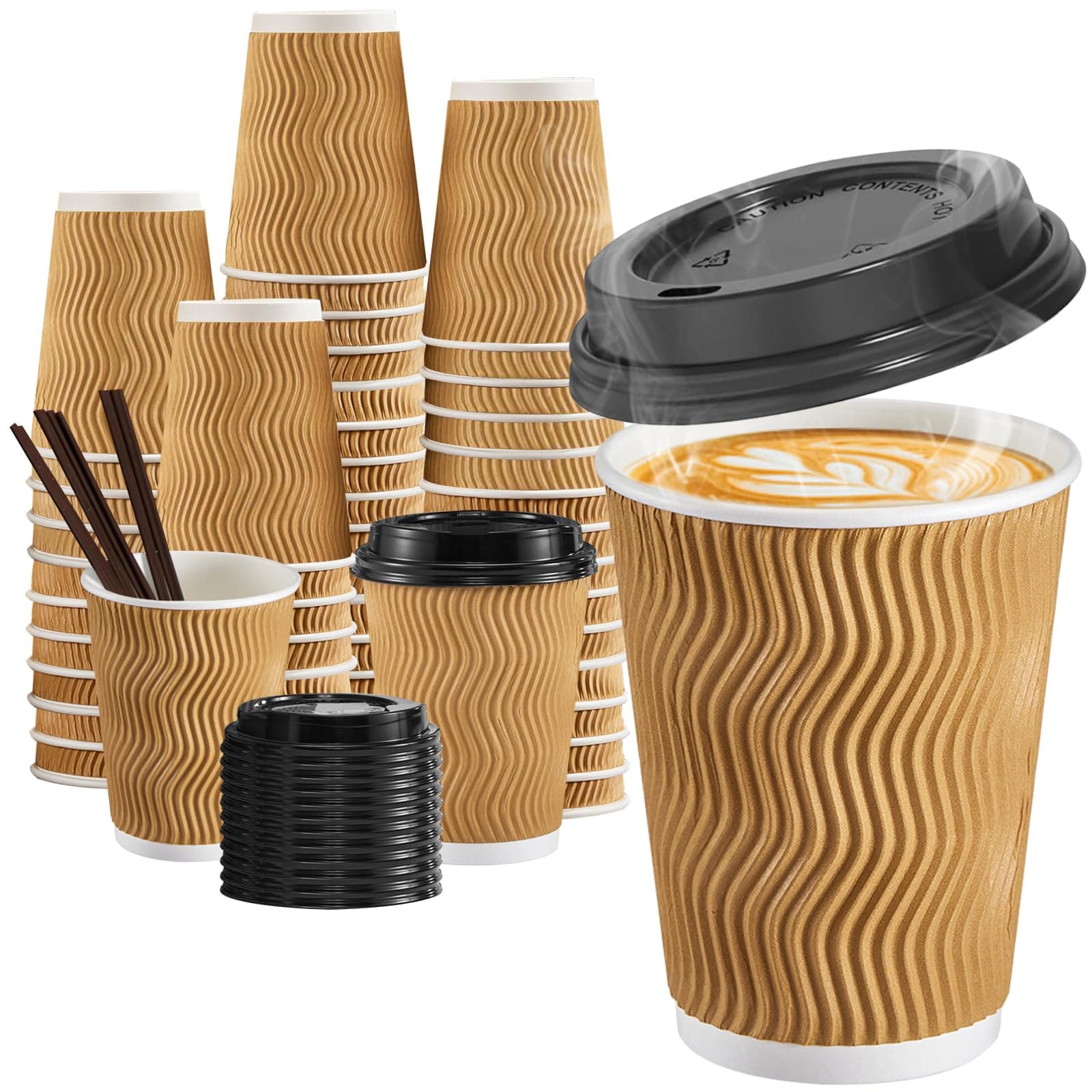 SIUQ 12 oz Coffee Cups-90 Pack Disposable Coffee Cups with Lids and Straws, Insulated Ripple Wall To Go Paper Coffee Cup for Coffee, Hot Chocolate and Hot Tea Drinks - Champagne