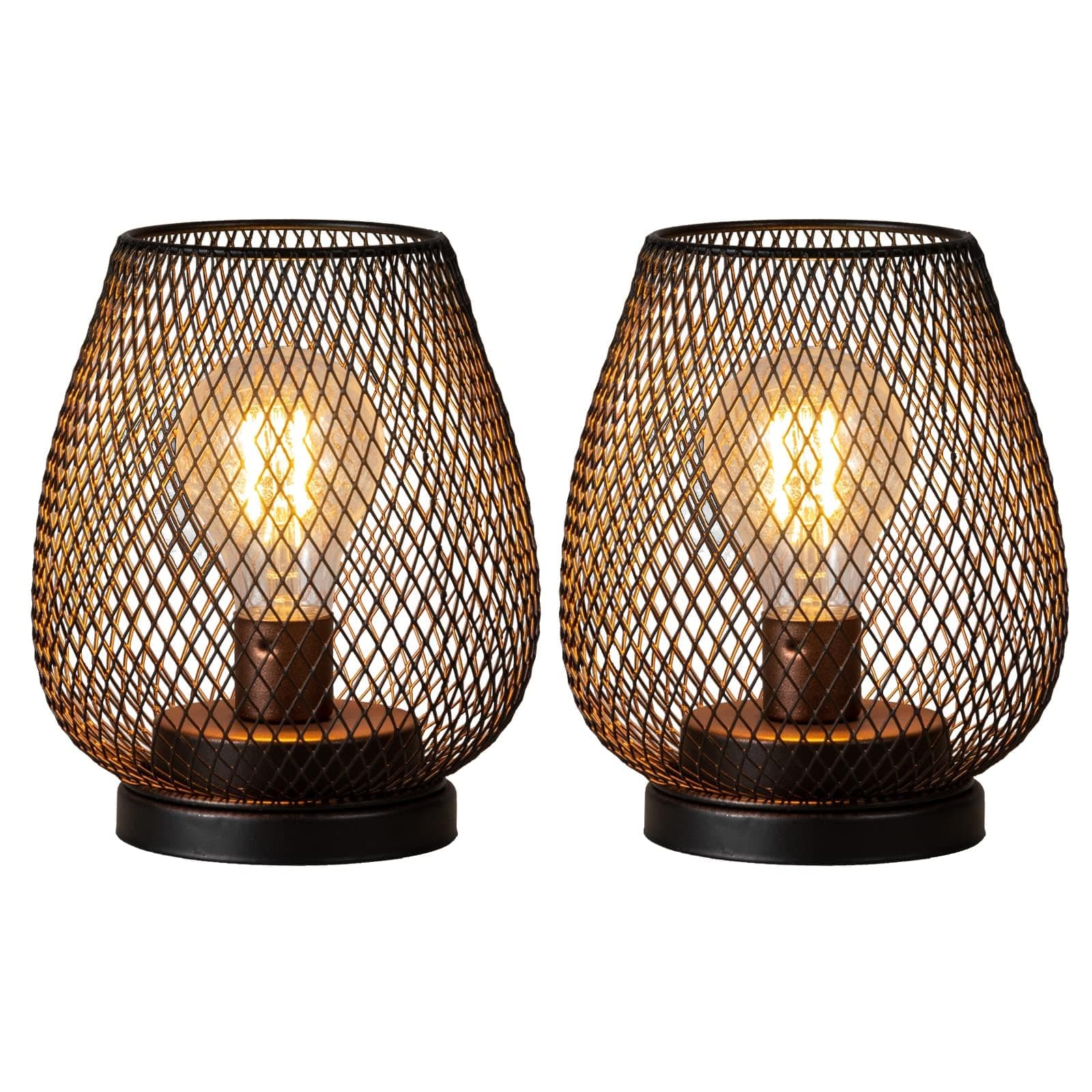 DECORKEY Set of 2 Battery Operated Lamp LED Table Lantern, Brown Metal Cage Cordless Lamps with LED Bulb,Vintage Decorative Outdoor Lantern for Weddings, Parties, Patio, Events for Indoors Shelf Decor
