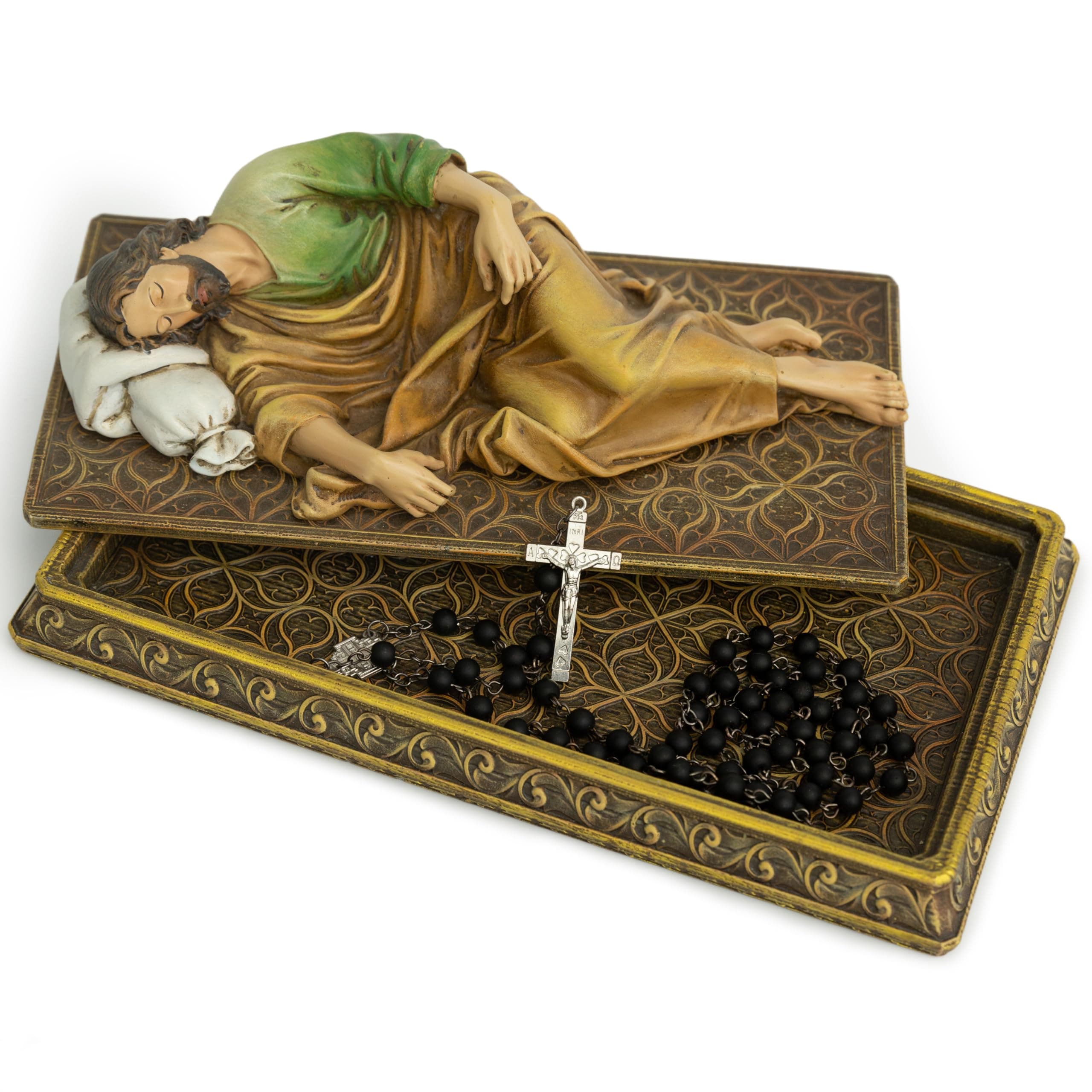 BC Catholic Sleeping St.Joseph Statue, with Case Base, Patron Saint Religious Figure Gift, Holder for Rosary, Inspirational Home Decor 8.8 inches L, Handmade by Buildclassic (Full Color)