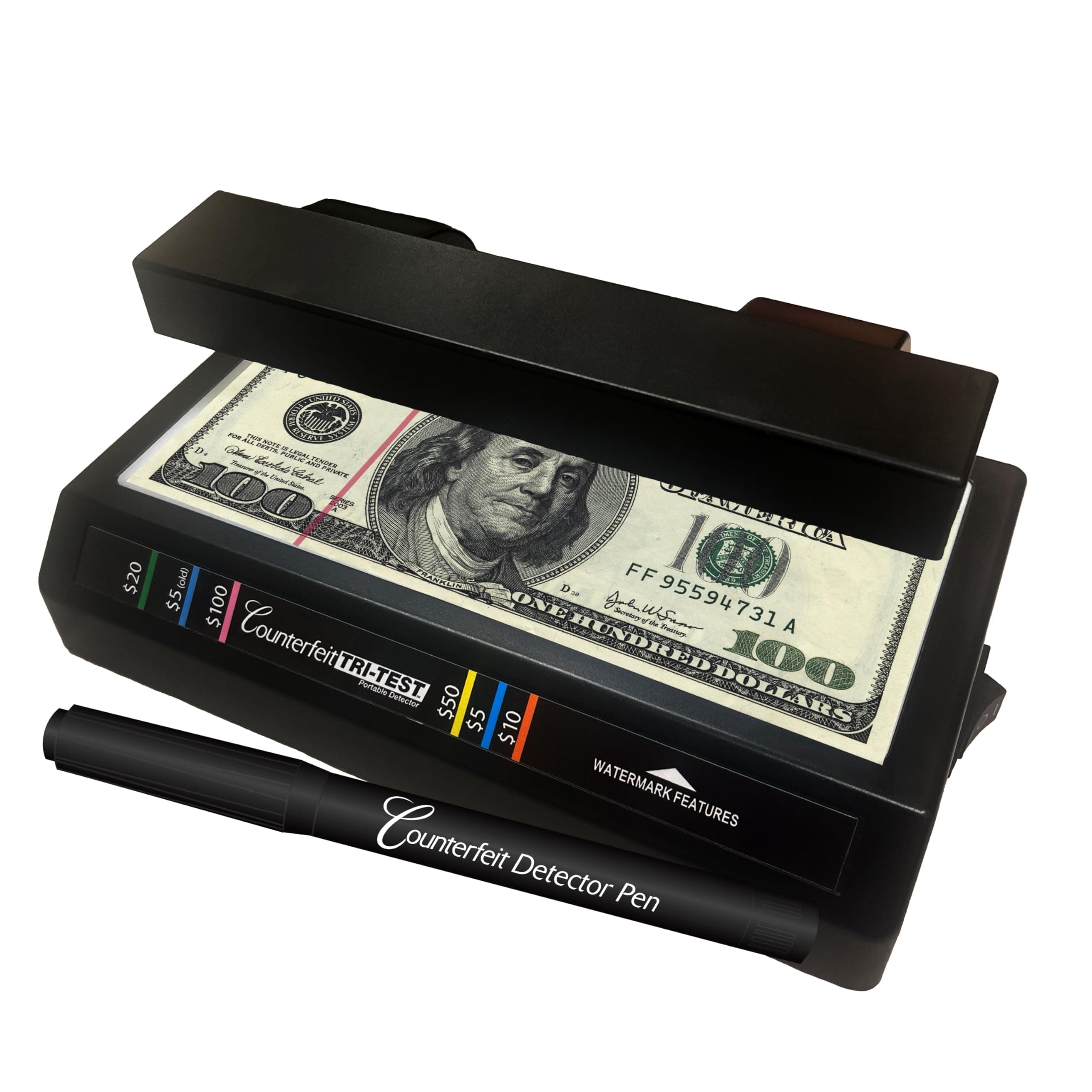 Dri Mark Tri Test - Counterfeit Bill Detector Machine w/AC Adapter - 3 Tests in 1 - Paper, Security Strip and Watermark Tests, Accurate Money Tester Machine with Counterfeit Detection Pen