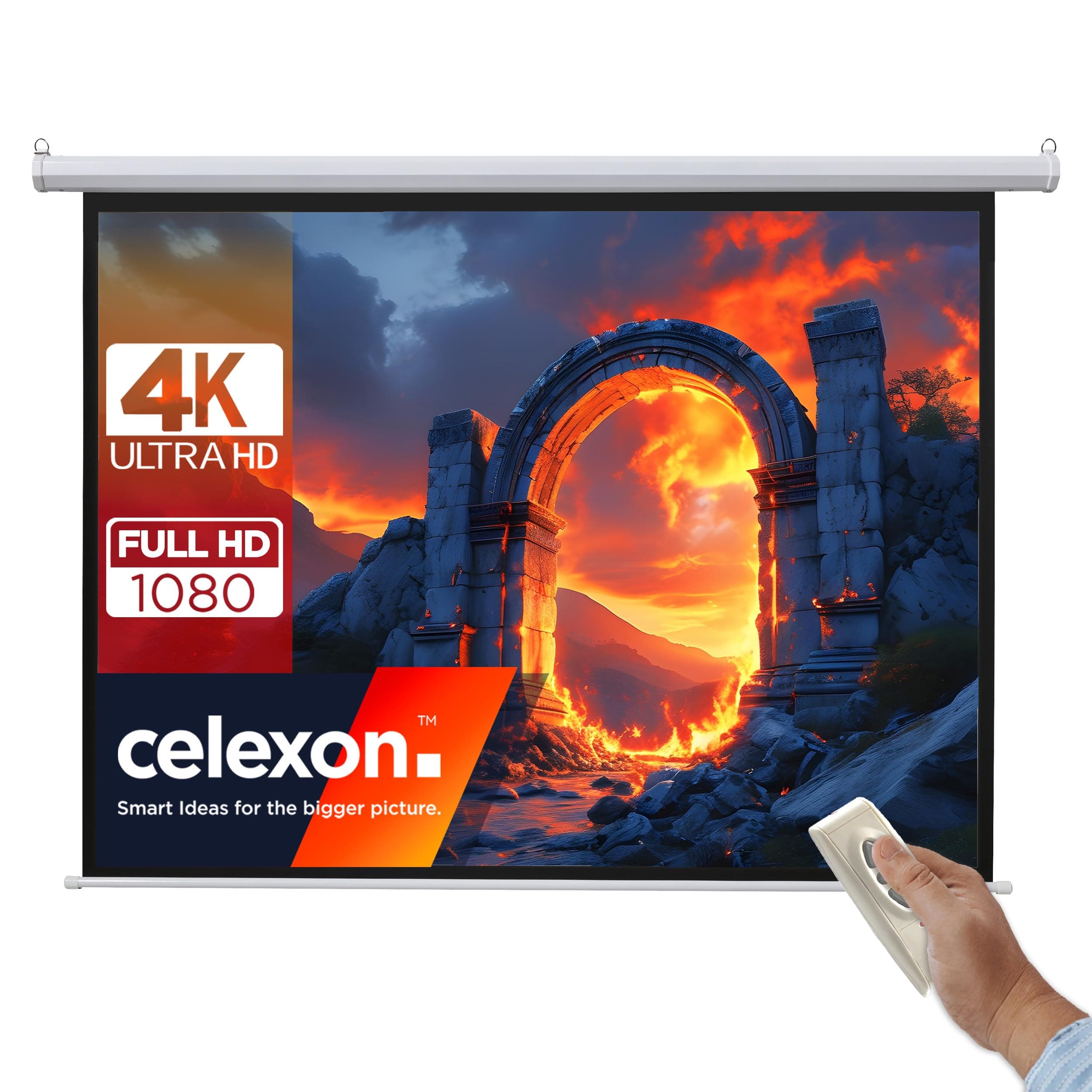 celexon basic Electric screen 135" | 240x240 cm 1:1 | Electric full HD 4K projector screen for home cinema or office presentations | suitable for ceiling or wall mounting | incl. remote control