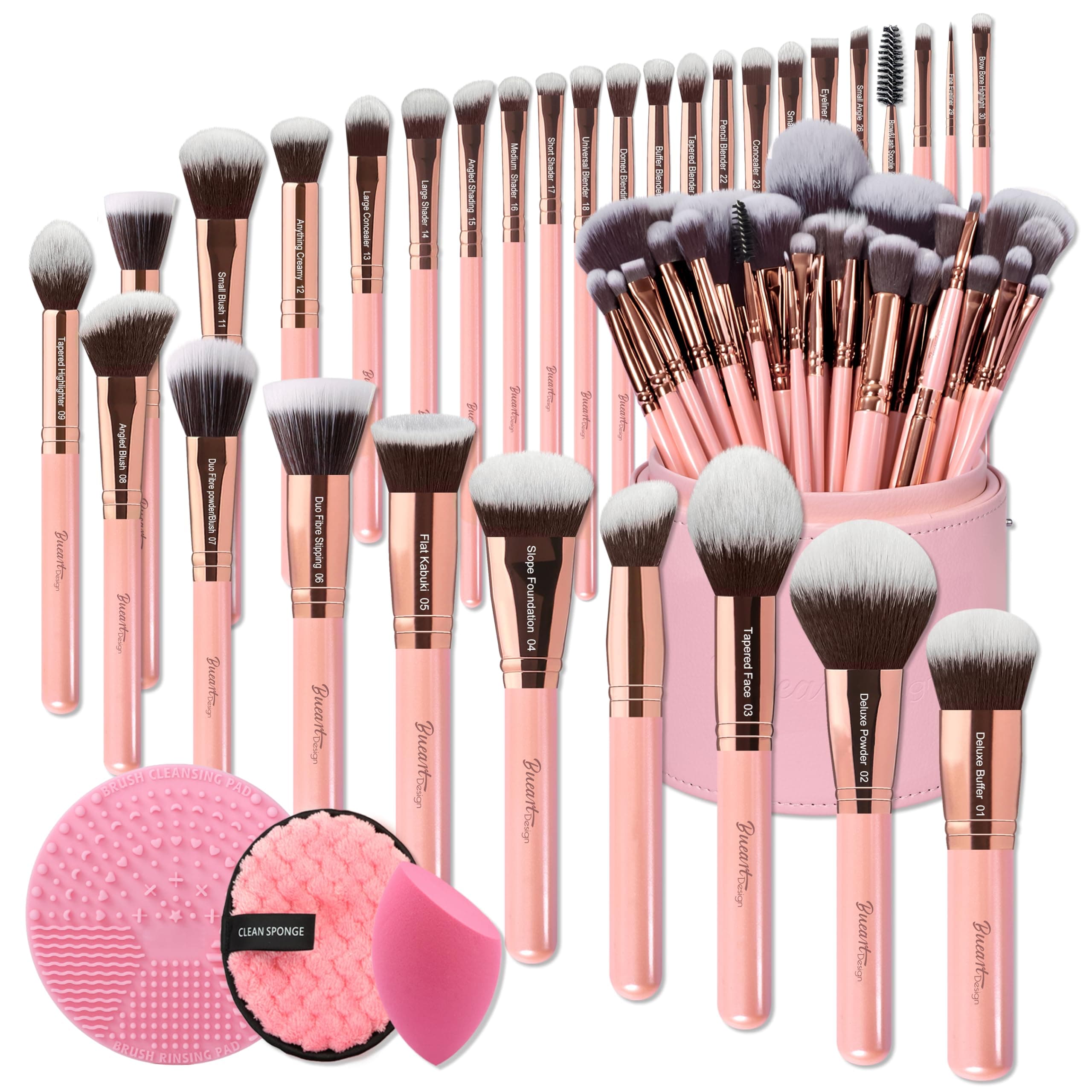 Labeled 30Pcs Professional Deluxe Makeup Brushes set with Extra large holder case for Foundation Face Blending Blush Concealers Eyeshadow