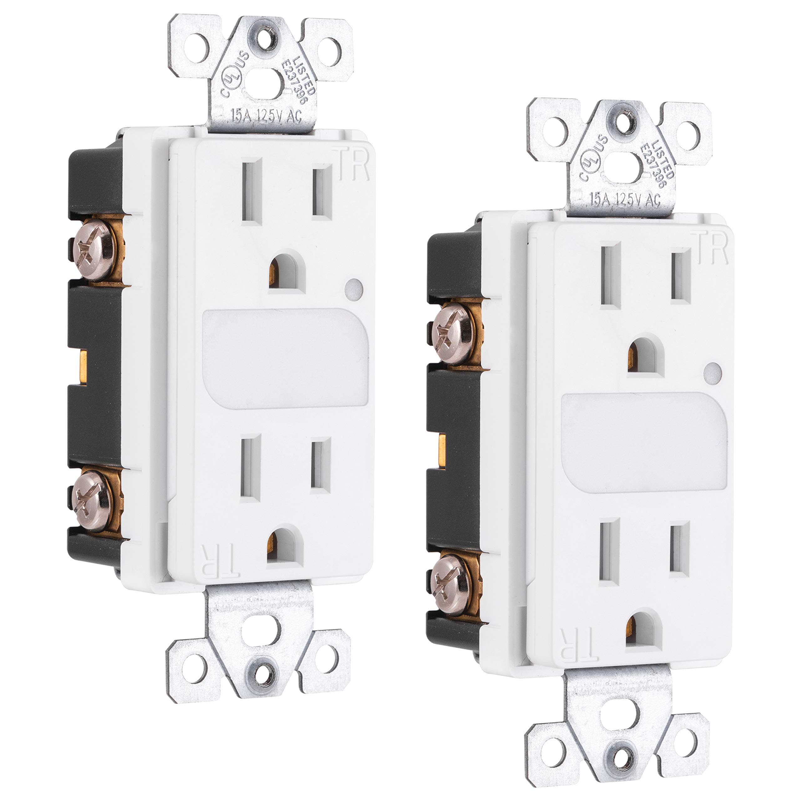 GE UltraPro Grounding Duplex LED Guide 2 Pack, Wall Receptacle, Tamper Resistant Outlets, Soft Glow, Sensor Light, 3 Prong, Easy Install, 15A / 125VAC, UL Listed, White, Wallplate not included, 48996