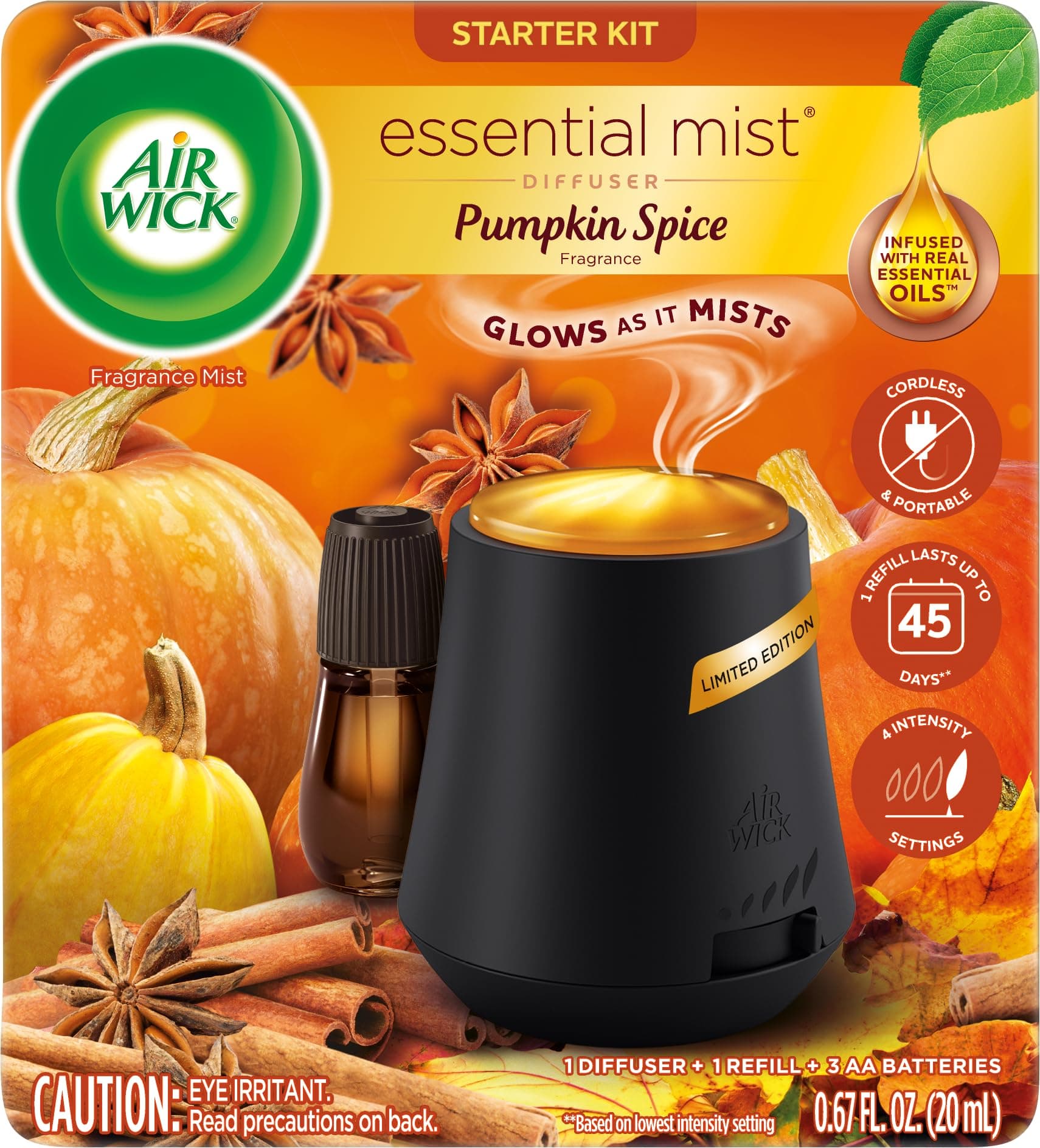 Air Wick Essential Mist Starter Kit (Diffuser + Refill), Pumpkin Spice, Fall Scent, Fall Spray, Essential Oils Diffuser, Air Freshener
