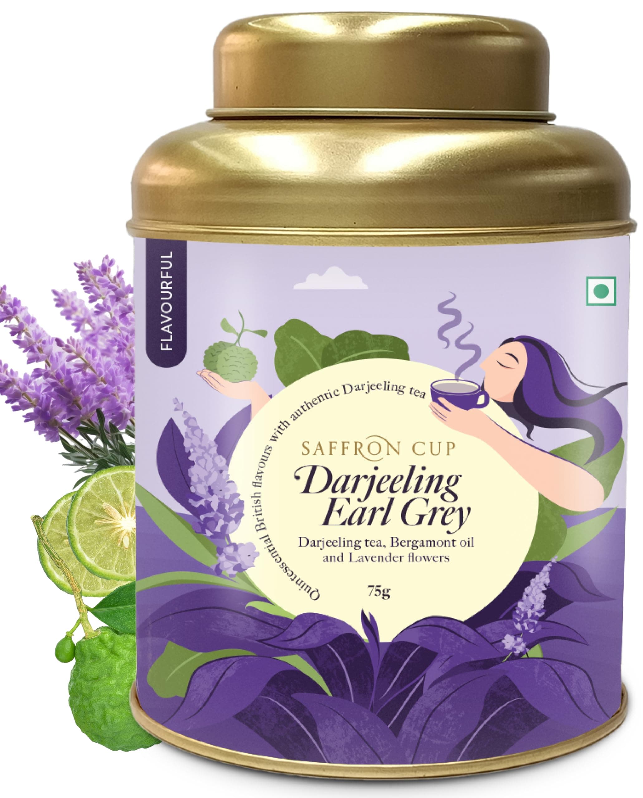 Saffron Cup Darjeeling Earl Grey Black Tea – Loose Leaf | Premium Blend with Bergamot Oil & Lavender | Naturally Uplifting & Refreshing (Airtight Double-Lid Tin)