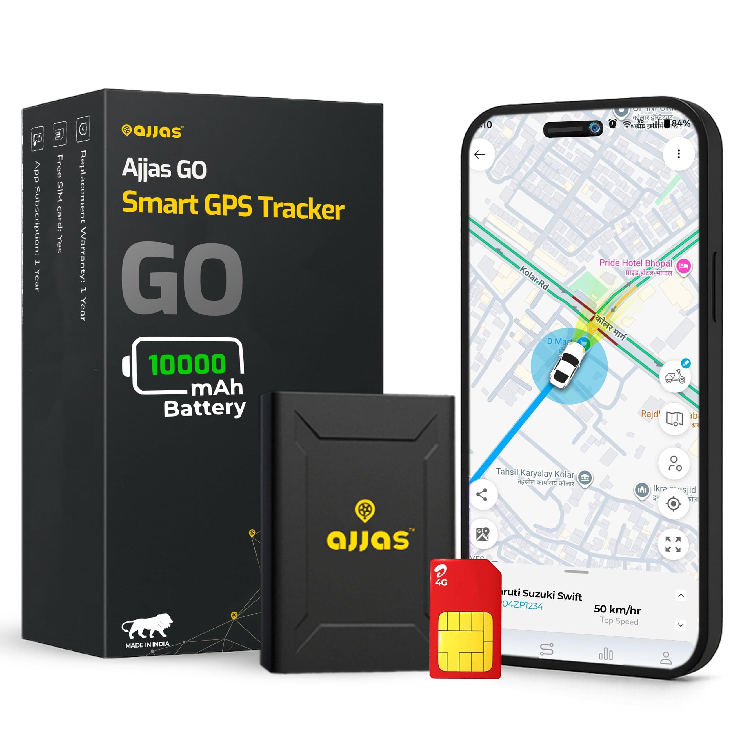 Ajjas GO (with 4G SIM) - Wireless GPS Tracker for Car, Family Vehicles, Scooty or Bag| 10000 mAH Battery | Mangetic Grip | Voice Monitoring with (1 Year Free App Platform)