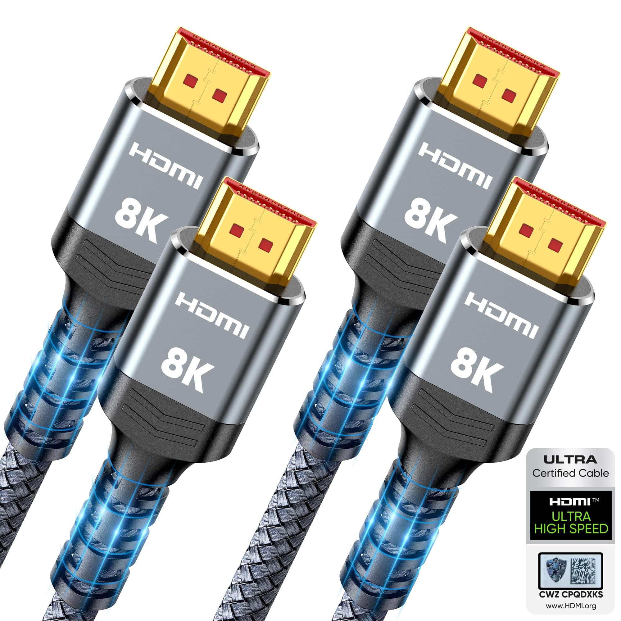 10K 8K HDMI 2.1 Cable 2-Pack 6.6FT, Certified 48Gbps Ultra High Speed Slim HDMI Cord, Support 4K@120Hz 8K@60Hz, HDCP 2.2&2.3, Dynamic HDR,eARC,DTS:X, Compatible with Roku TV/HDTV/PS5/Blu-ray