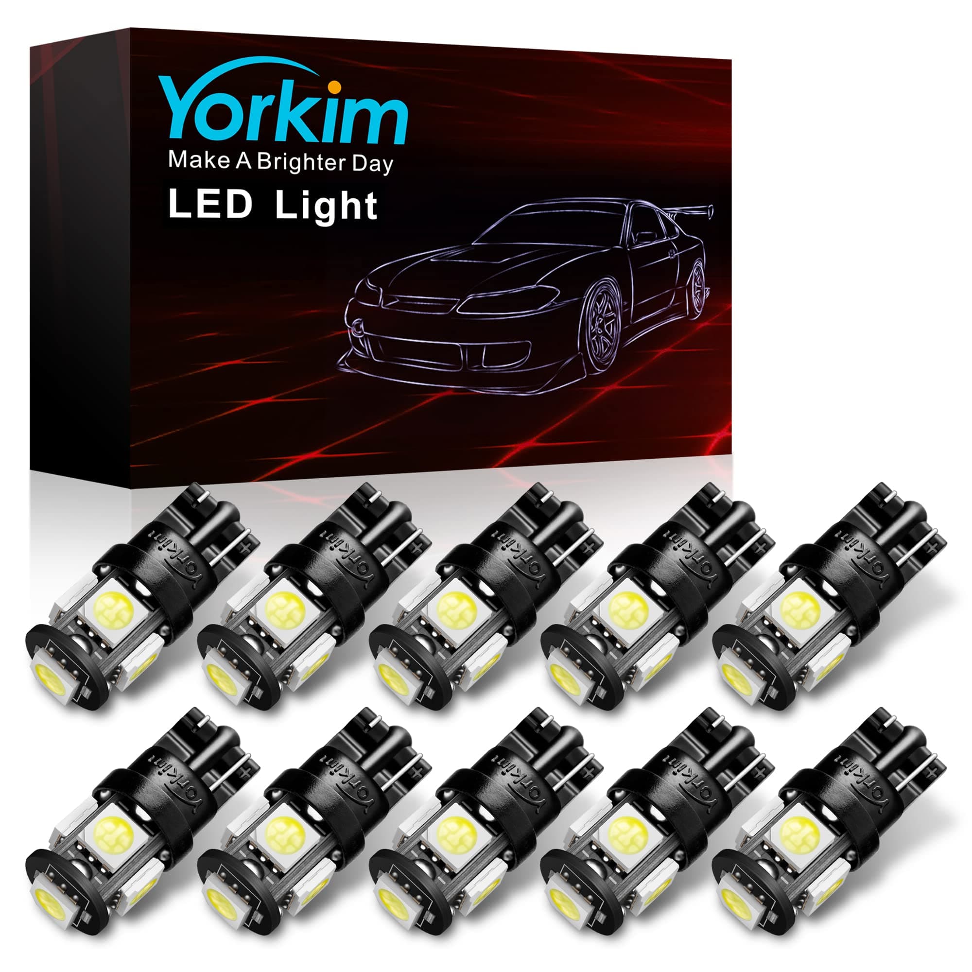 Yorkim 194 LED Bulbs White 6000k Super Bright 5th Generation, T10 168 LED Bulb for Car Interior Dome Map Door Courtesy License Plate Lights W5W 2825,Pack of 10