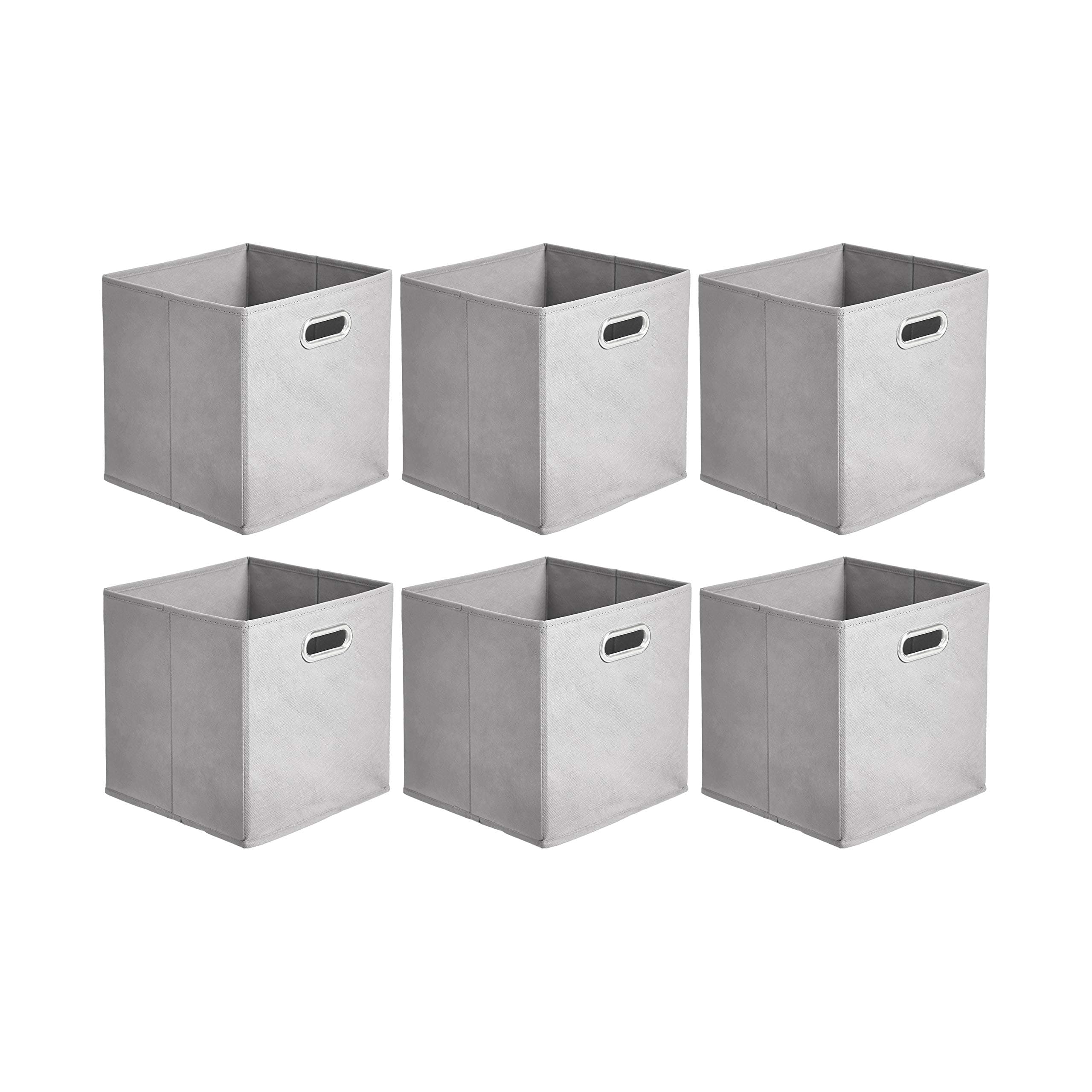 Amazon Basics Collapsible Cube Storage Bins, Space-Saving, Organizing Fabric Bins with Handles, 10.5 x 10.5 x 11 inches, Light Grey, 6-Pack