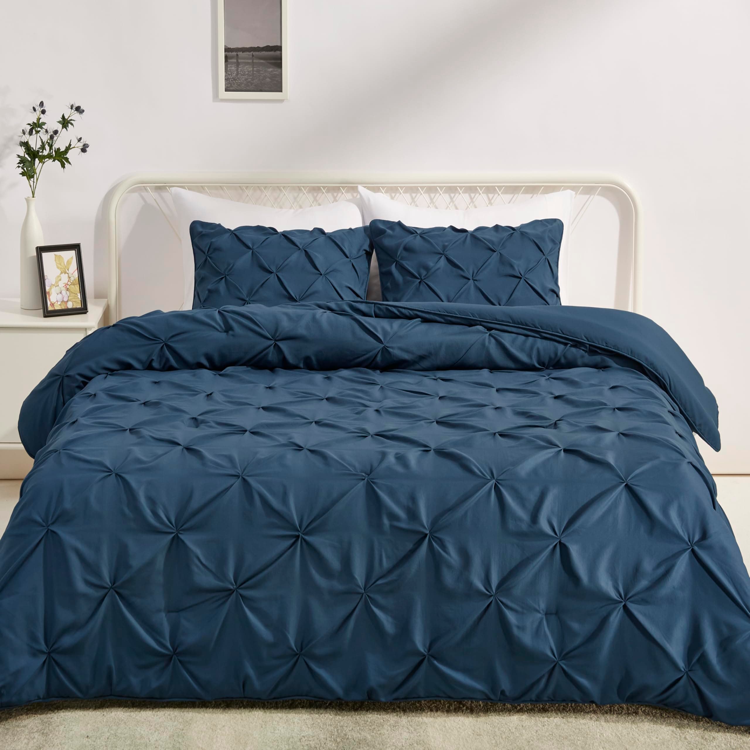 Soft, Lightweight King Size Comforter Sets, All-Season Down-Alternative 3-Piece Bedding Set, Pinch Pleat Design, Navy Blue