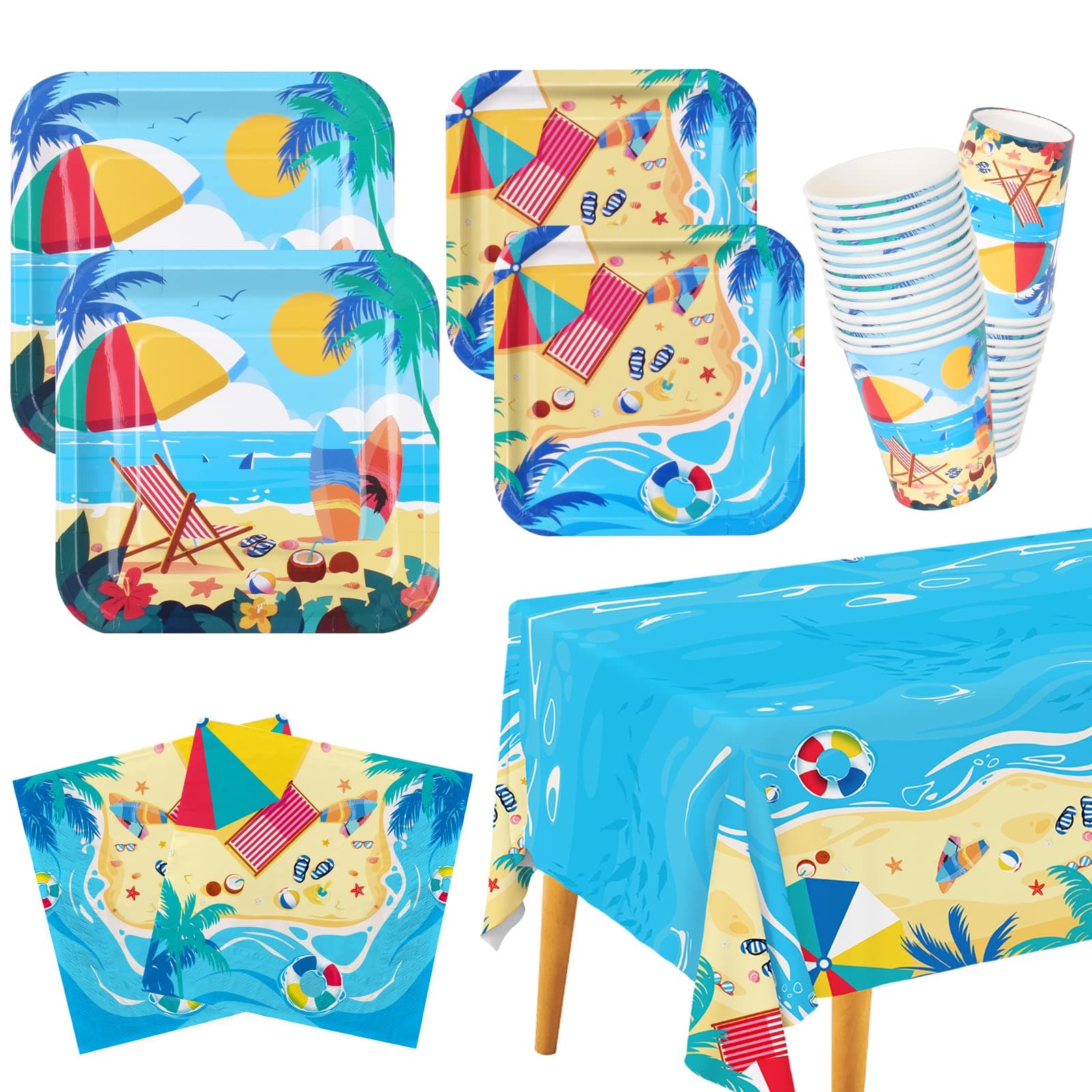 Beach Theme Party Supplies, Summer Pool Pack Includes: Paper Dinner Plates, Dessert Plates, Luncheon Napkins, Cups and Tablecloth for Hawaiian Party Birthday Decorations, Serve 25