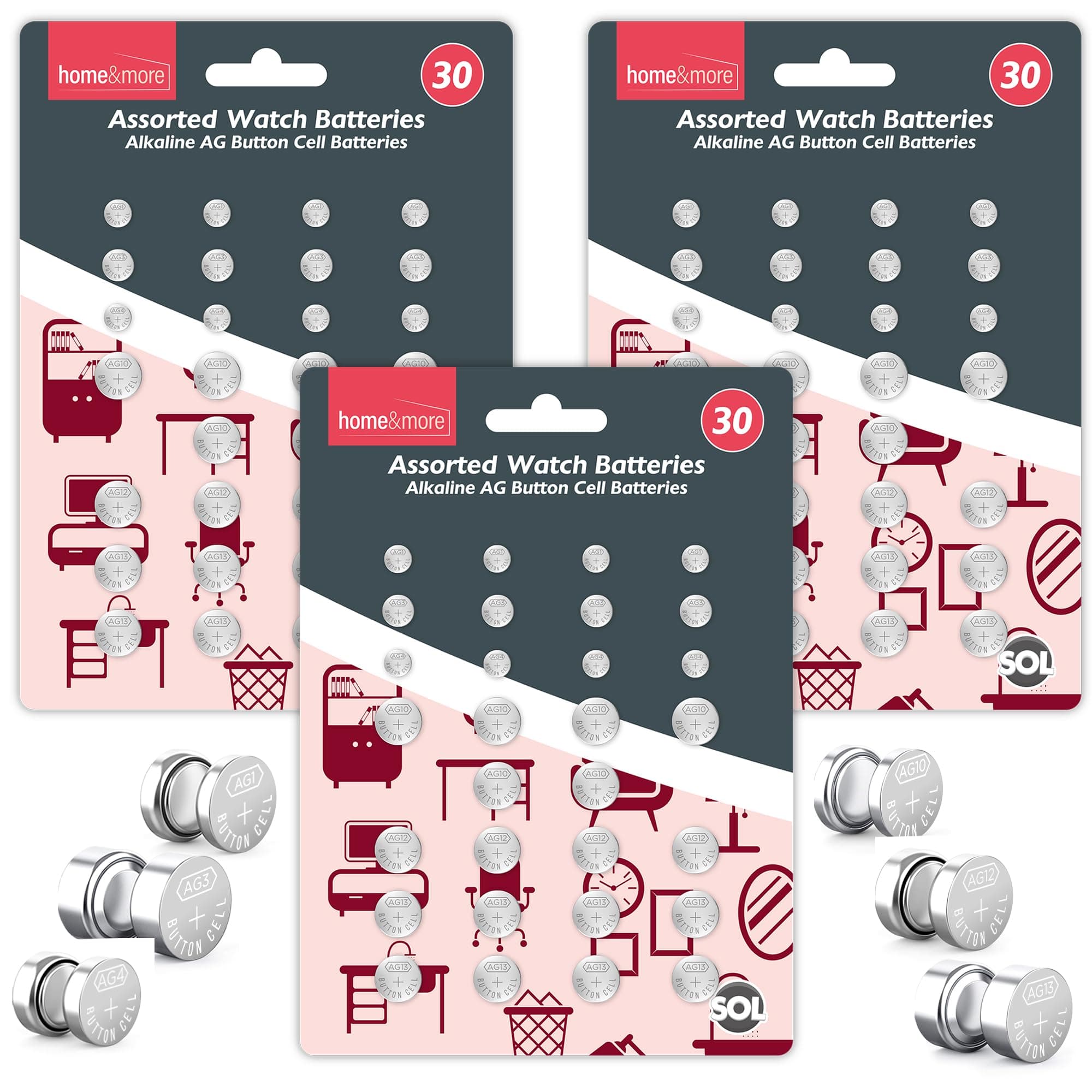 SOL 90pcs Assorted Watch Batteries, Mixed Alkaline AG Button Battery for Calculator, Toys, Remotes & Pacemaker, Assorted Sizes LR41 SR626SW GPA76 L736 LR626 AG13 LR44, High Performace Power Source