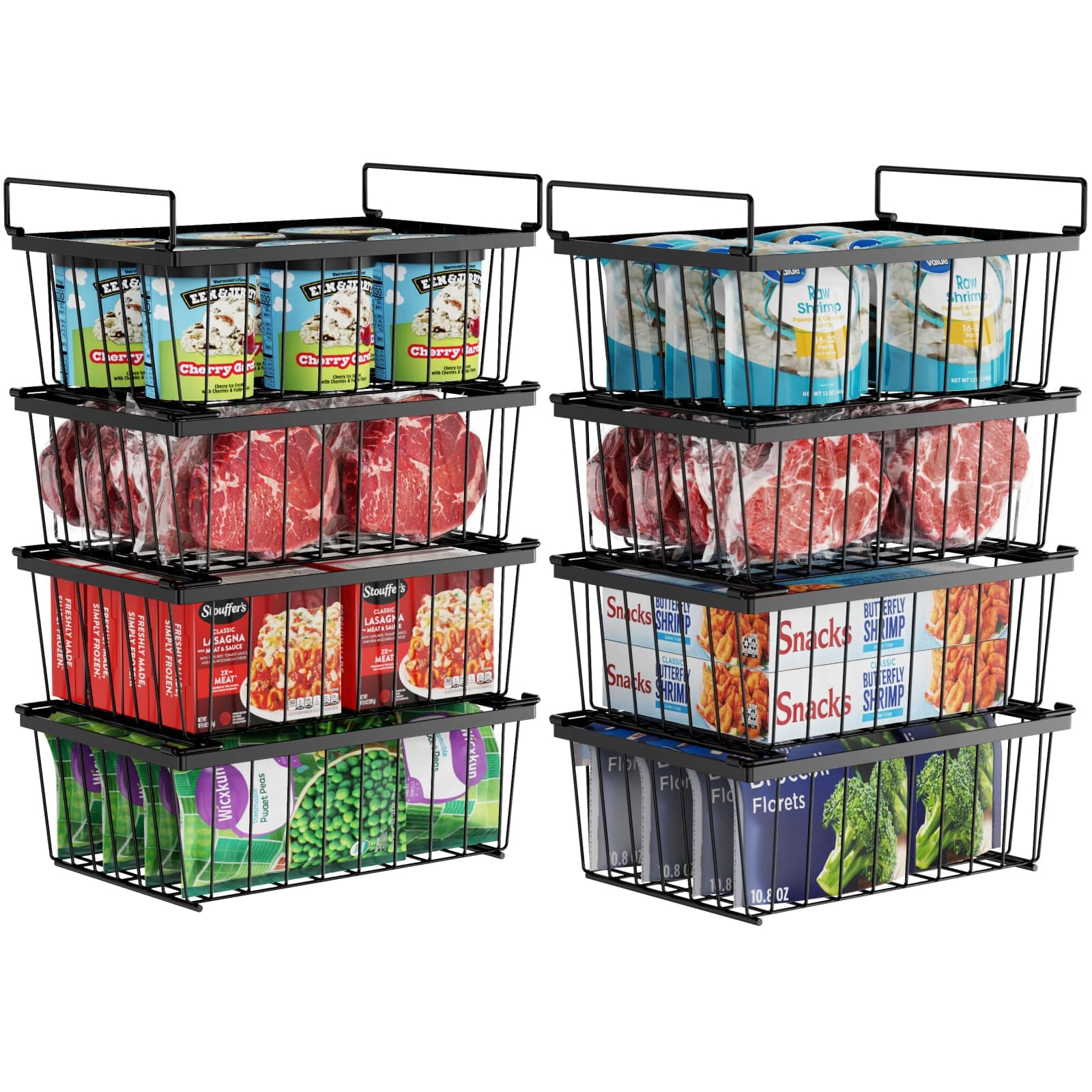 iSPECLE Deep Freezer Organizer, 8 Pack Wire Baskets for 5 Cu.Ft Chest Freezer & Upright Freezers (Over 8.5 Cu.Ft), 14" x 9.4" Stackable Heavy Duty Storage Bins Easy Access to Sort Meat, Black