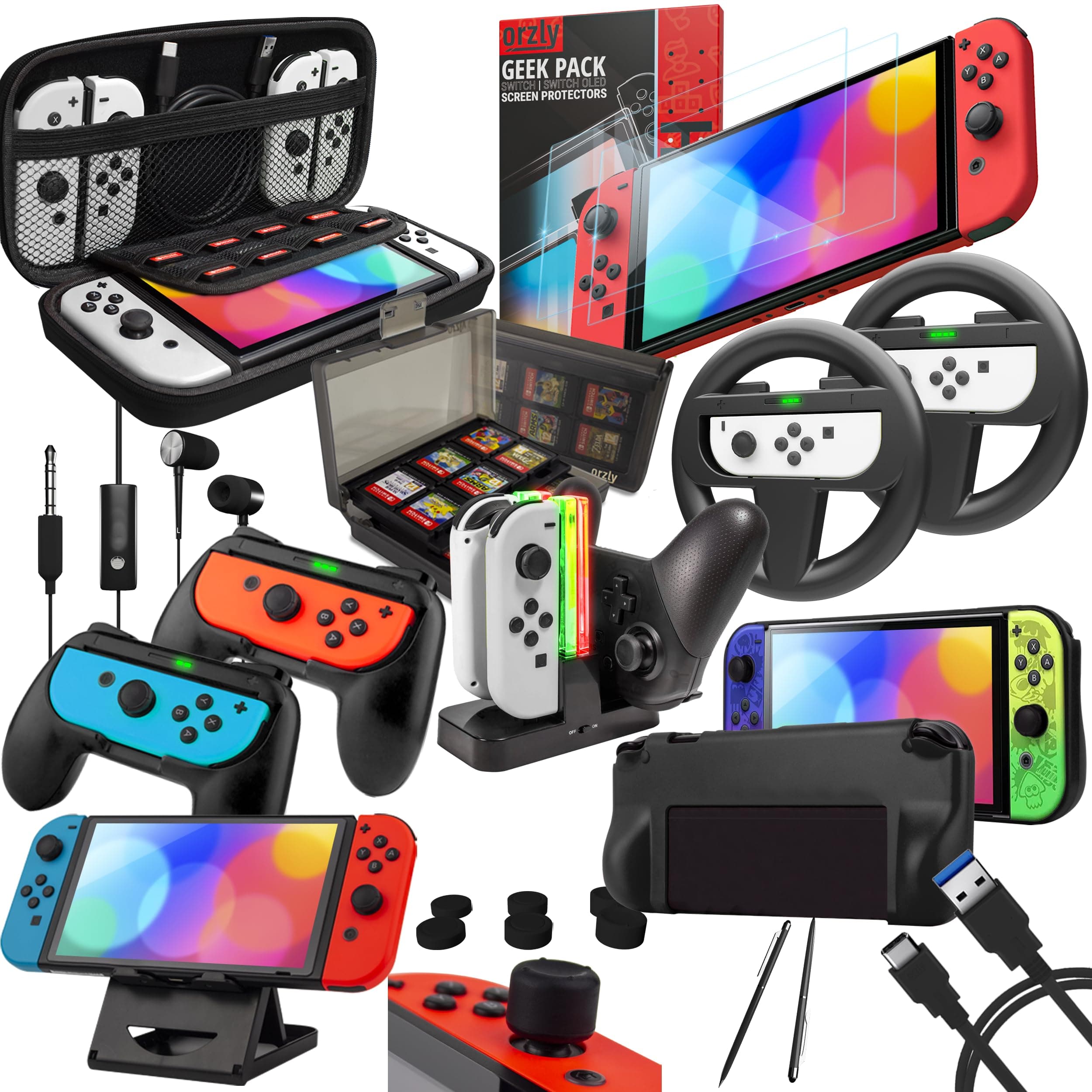 Orzly Switch Accessories Bundle - Geek Pack for Nintendo Switch: Case & Screen Protector, Joycon Grips & Racing Wheels, Switch Controller Charge Dock, Comfort Grip Case & More (JetBlack)