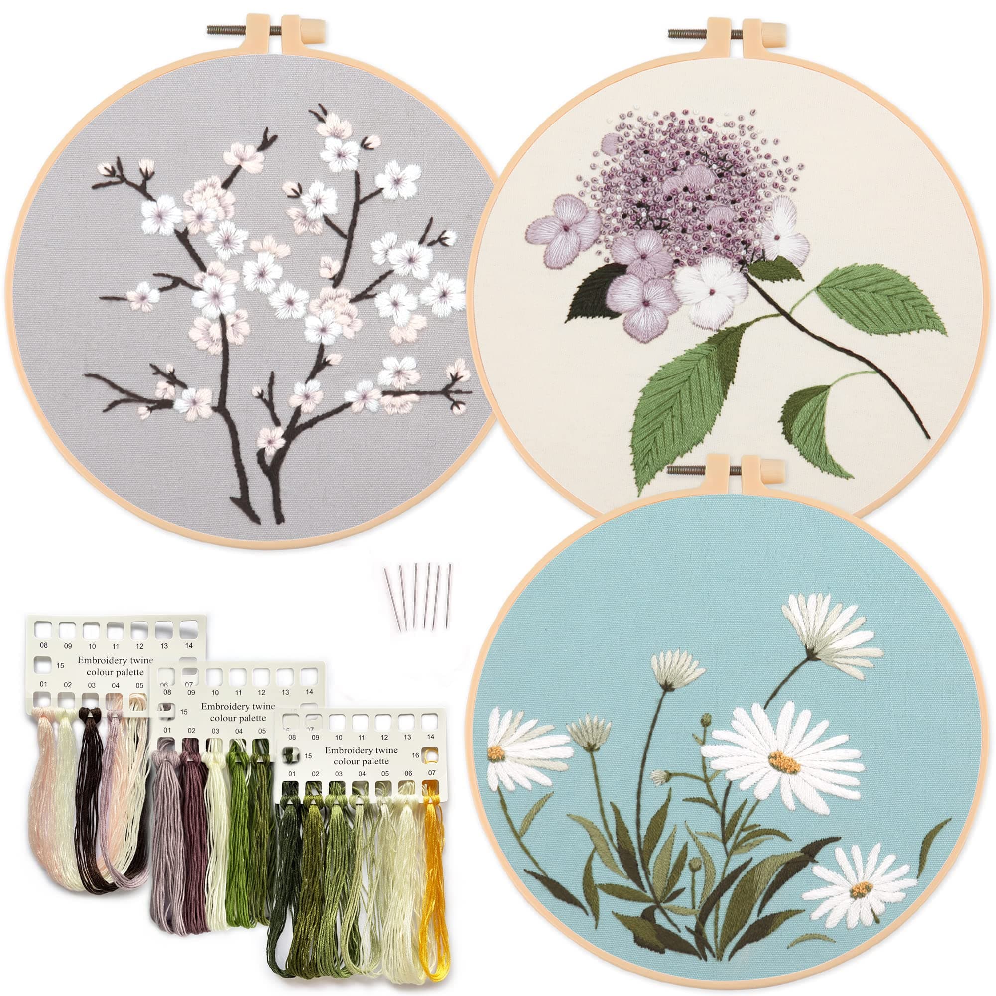 Excefore Embroidery Kit for Beginners, 3 Sets Embroidery Beginner Kits for Art Craft Handy Sewing Include Embroidery Clothes with Pattern, Instructions, Color Threads Needle Kit