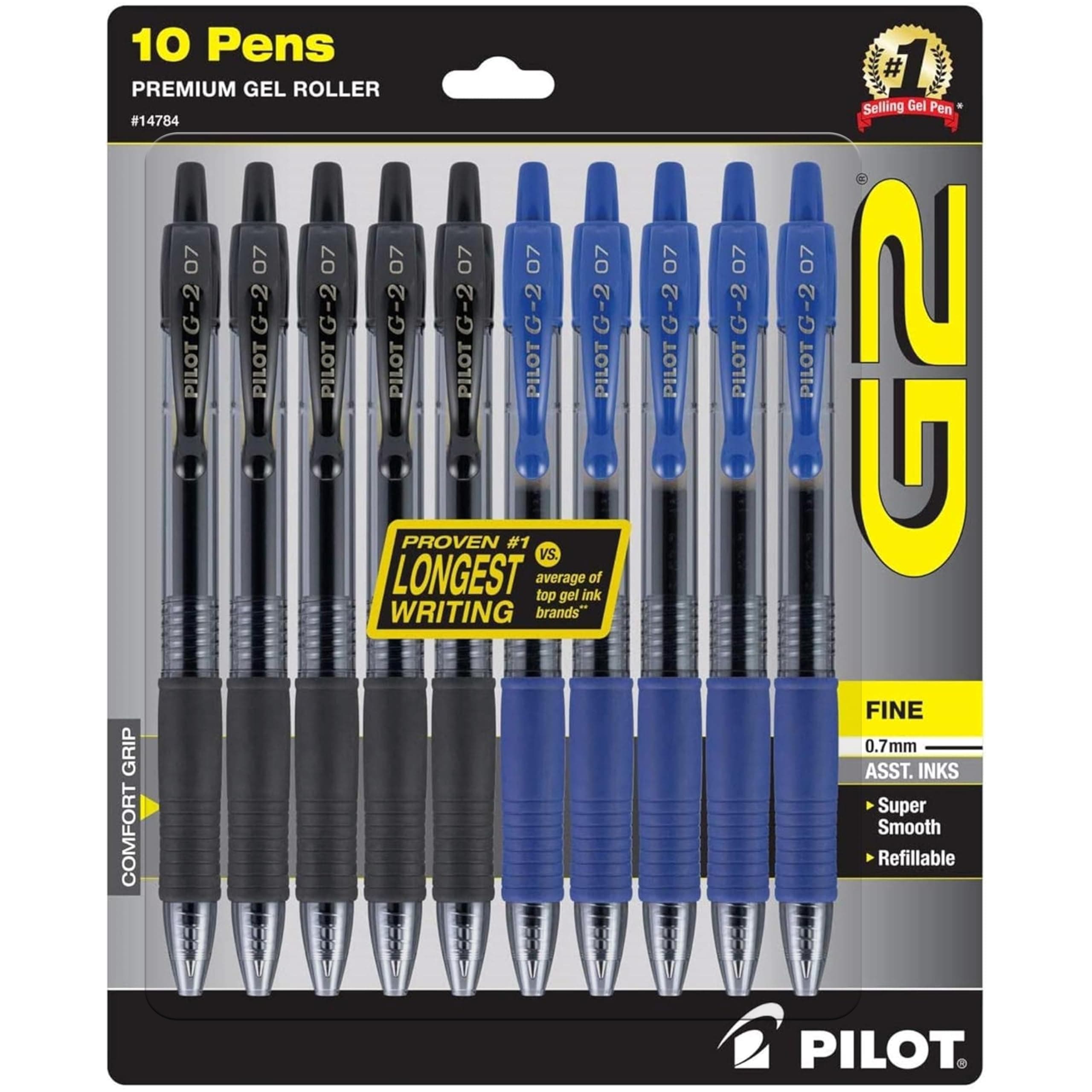 PILOT G2 Premium Gel Roller Pens, 0.7mm Fine Point Smooth Writing Pens, 5 Black & 5 Blue, 10 Pack