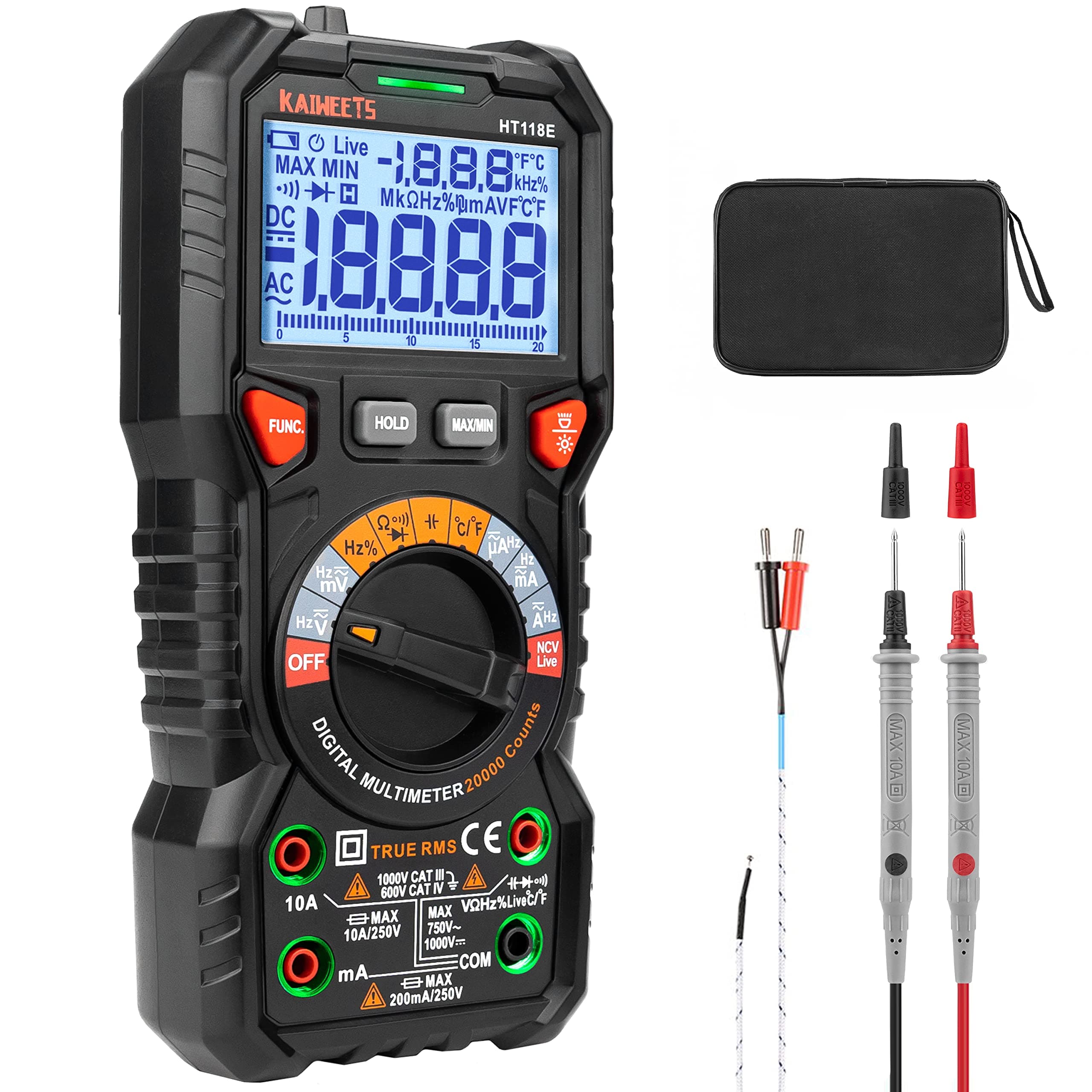 HT118E Digital Multimeter TRMS 20000 Counts with Higher Resolution Auto-Ranging Voltmeter Accurately Measures Voltage Current Resistance Diodes Continuity Duty-Cycle Capacitance Temperature