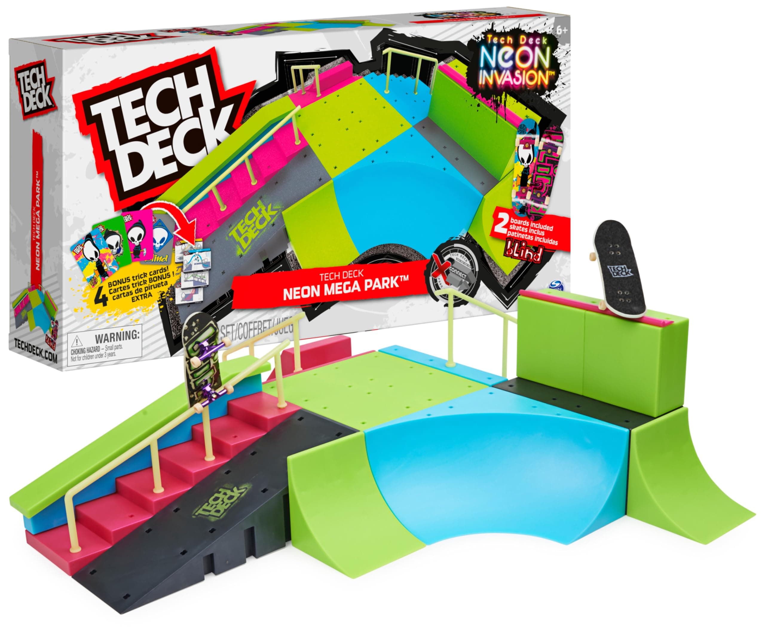 Tech Deck, Neon Mega Park X-Connect Creator Adjustable Ramp Set with Two Fingerboards Glow in the Dark Kids Toys for Boys and Girls